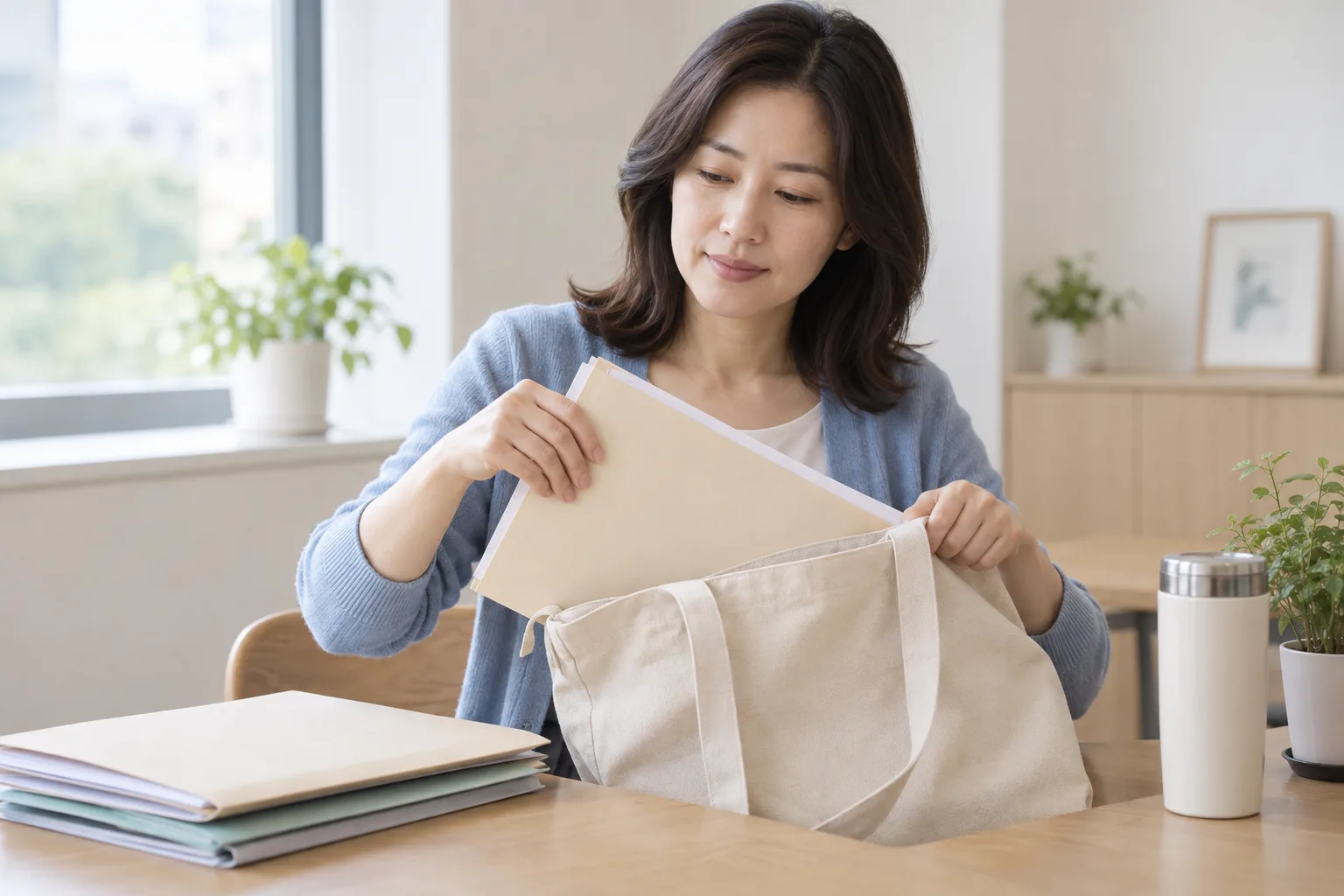 상담을 준비하며 표시 없는 서류 폴더를 가방에 정리하는 성인 여성의 예시