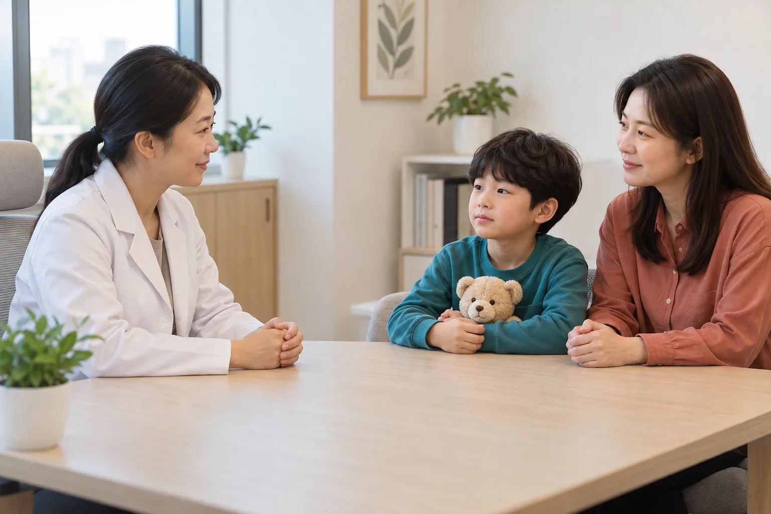학령기 아이와 보호자가 흰 가운 의료인의 설명을 듣는 AI 생성 가상 상담
