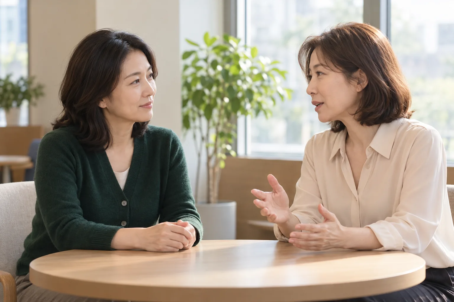 밝고 조용한 공용 공간에서 가까이 앉아 대화하는 성인 여성들의 AI 생성 가상 일상