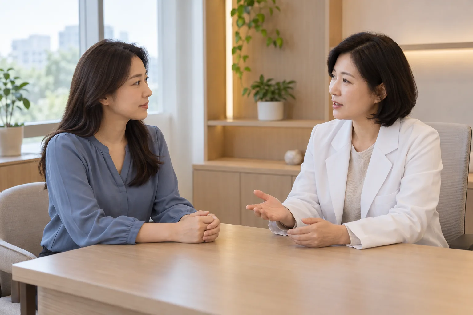성인 여성이 현대적인 흰 가운의 여성 의료인과 이야기하는 AI 생성 가상 상담