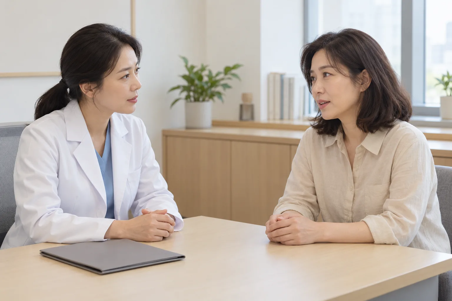 검사 설명과 불편을 의논하는 성인 여성과 흰 가운 의료인의 AI 생성 가상 상담