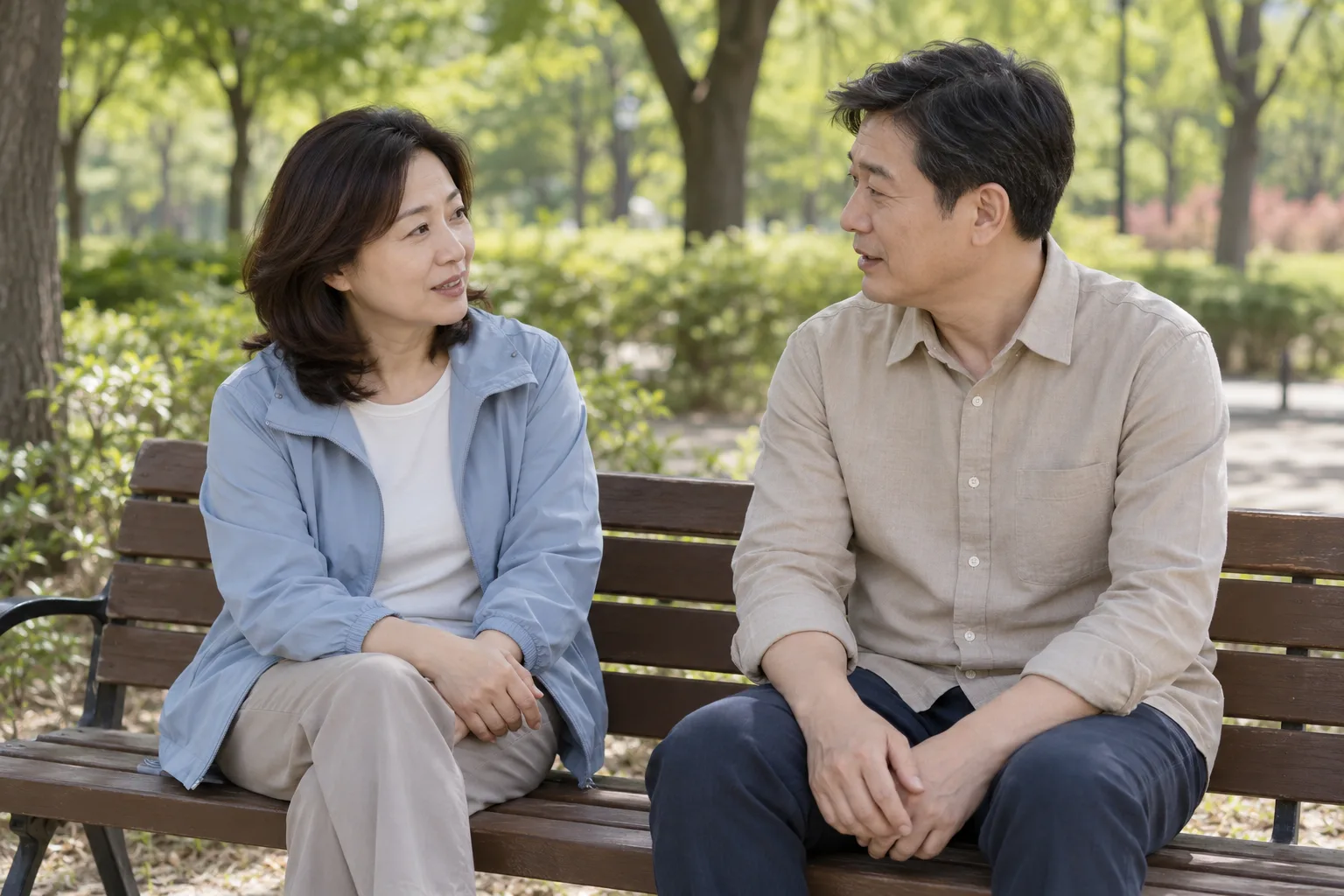 공원 벤치에서 동반자와 이야기하는 중년 여성의 가상 일상