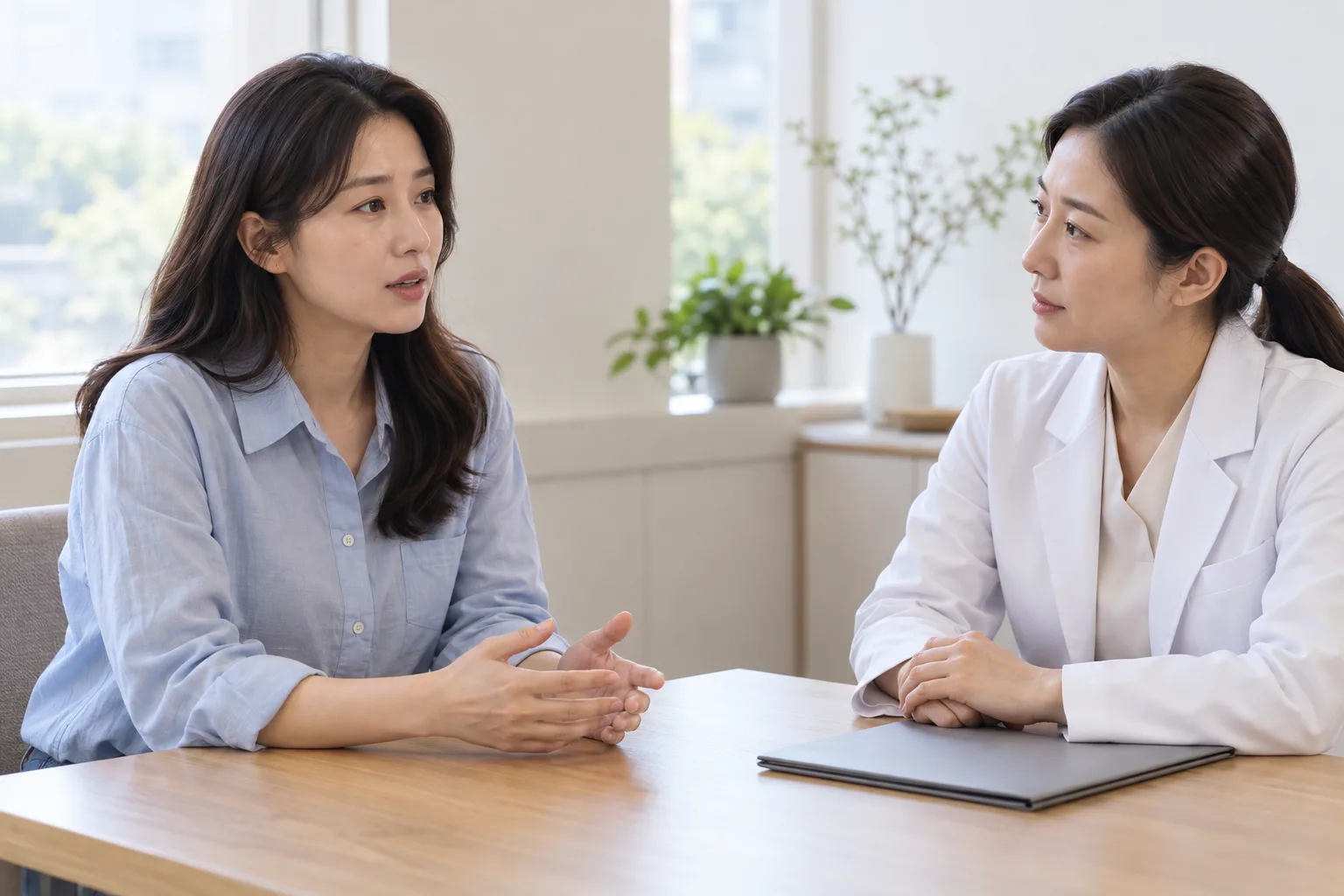 불편에 관한 설명을 듣는 성인 여성과 흰 가운 의료인의 AI 생성 가상 상담