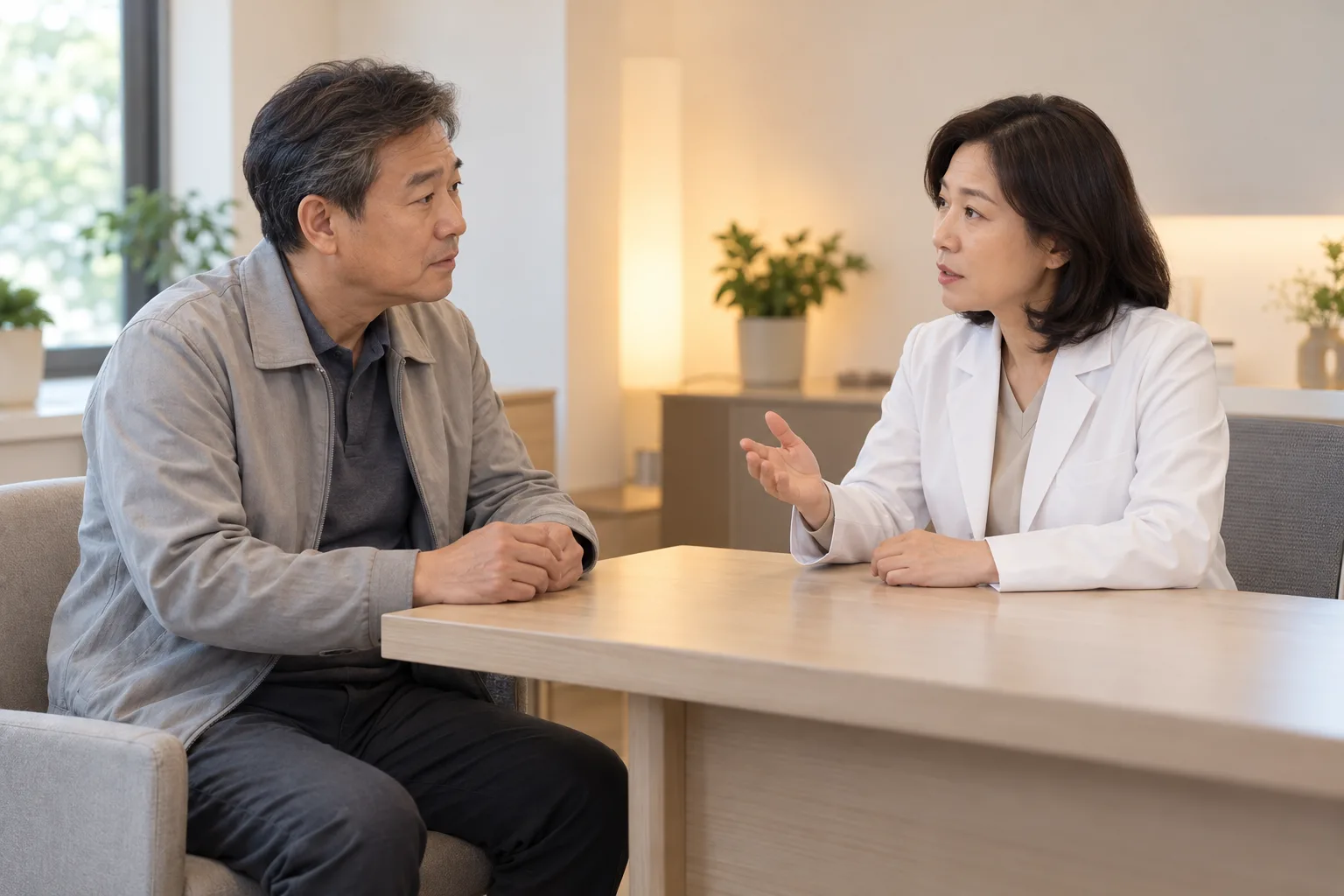 중년 남성이 흰 가운 의료인의 설명을 듣는 AI 생성 가상 상담