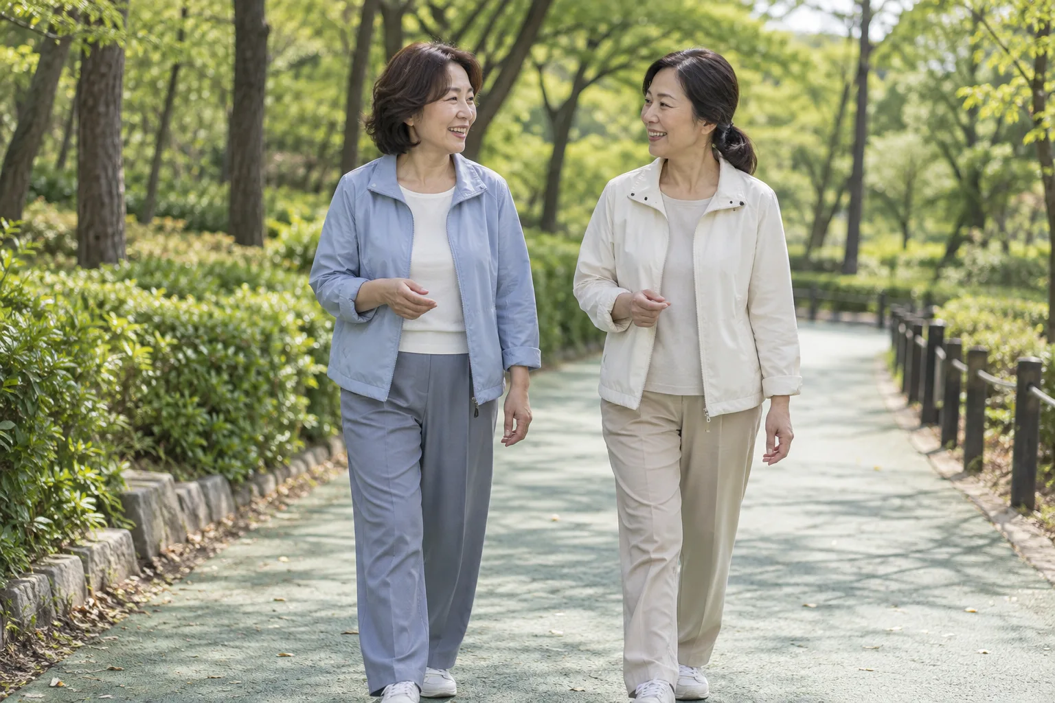 성인 여성 두 사람이 정원 길을 걷는 AI 생성 가상 일상
