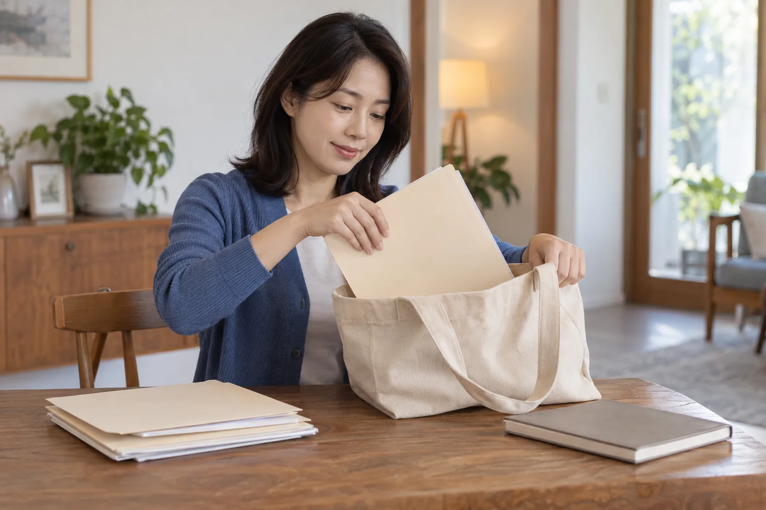 상담을 준비하며 표시 없는 서류 폴더를 가방에 정리하는 성인 여성의 예시