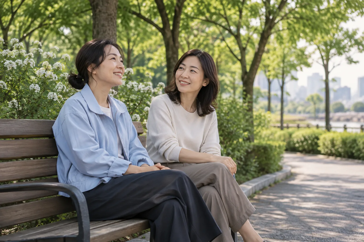 성인 여성 두 사람이 공원 벤치에서 쉬는 AI 생성 가상 일상