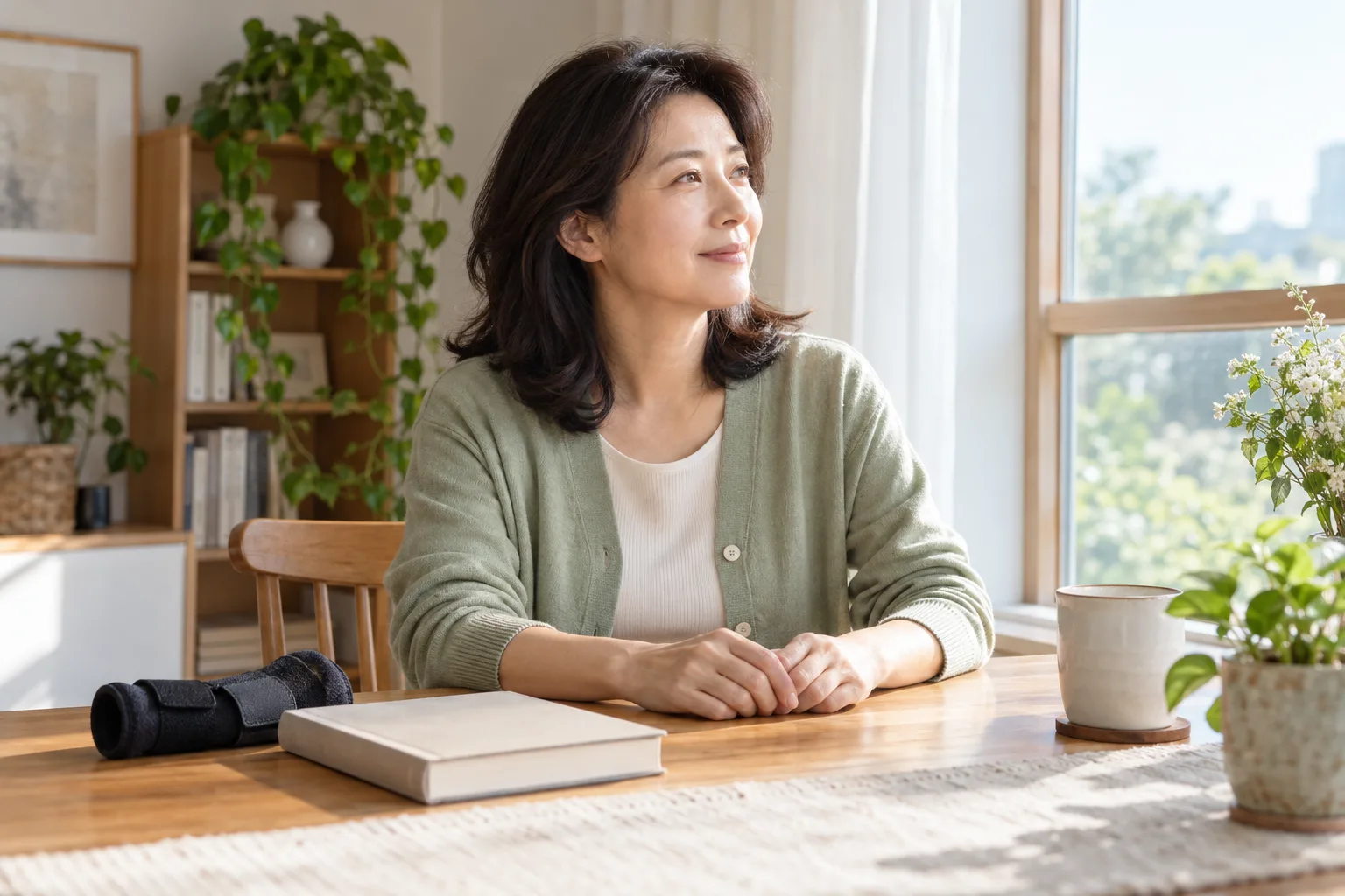 사용하지 않은 손목보호대와 무지 책을 곁에 두고 집 책상에서 쉬는 중년 여성의 가상 일상