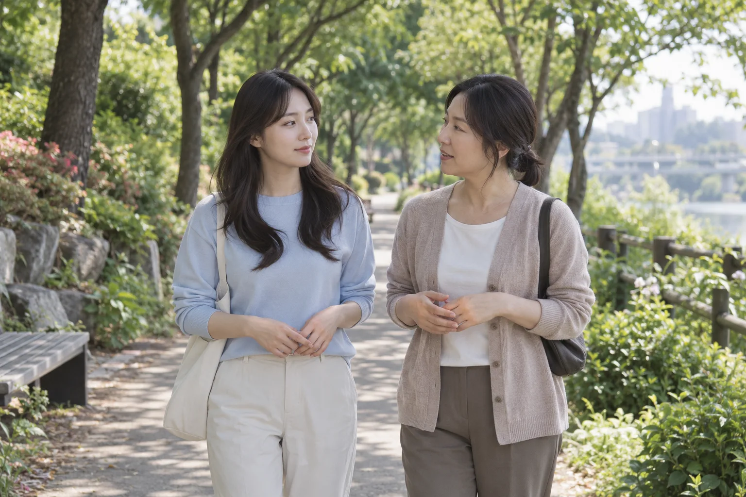 공원에서 지인과 대화하며 걷는 여성의 예시 이미지