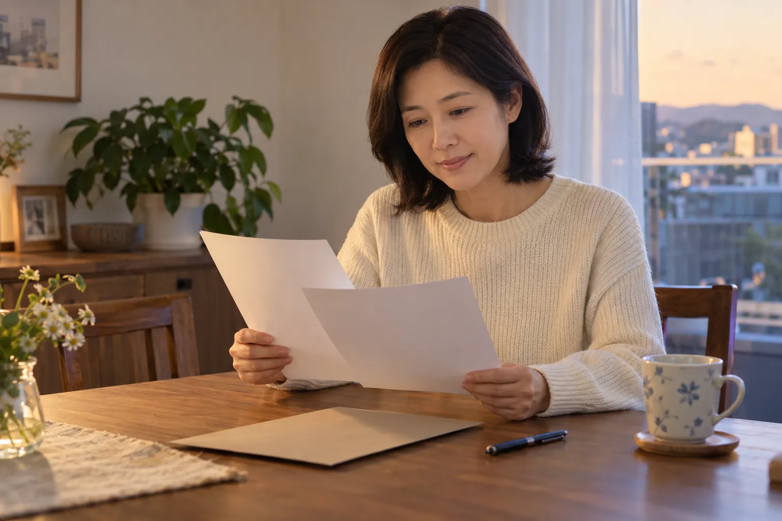 집에서 검사 후 물어볼 질문을 준비하며 서류를 보는 성인 여성의 예시