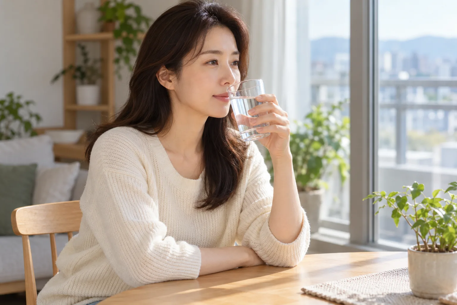 집 창가 식탁에서 평범한 물컵을 든 성인 여성의 가상 일상
