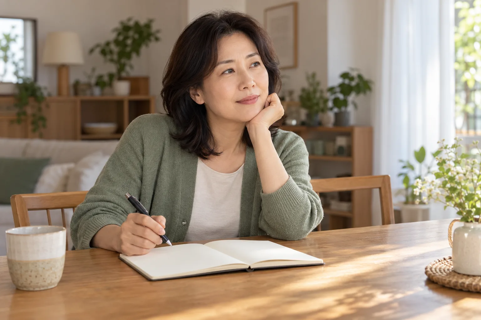 집에서 빈 노트를 앞에 두고 일상을 떠올리는 여성의 가상 장면