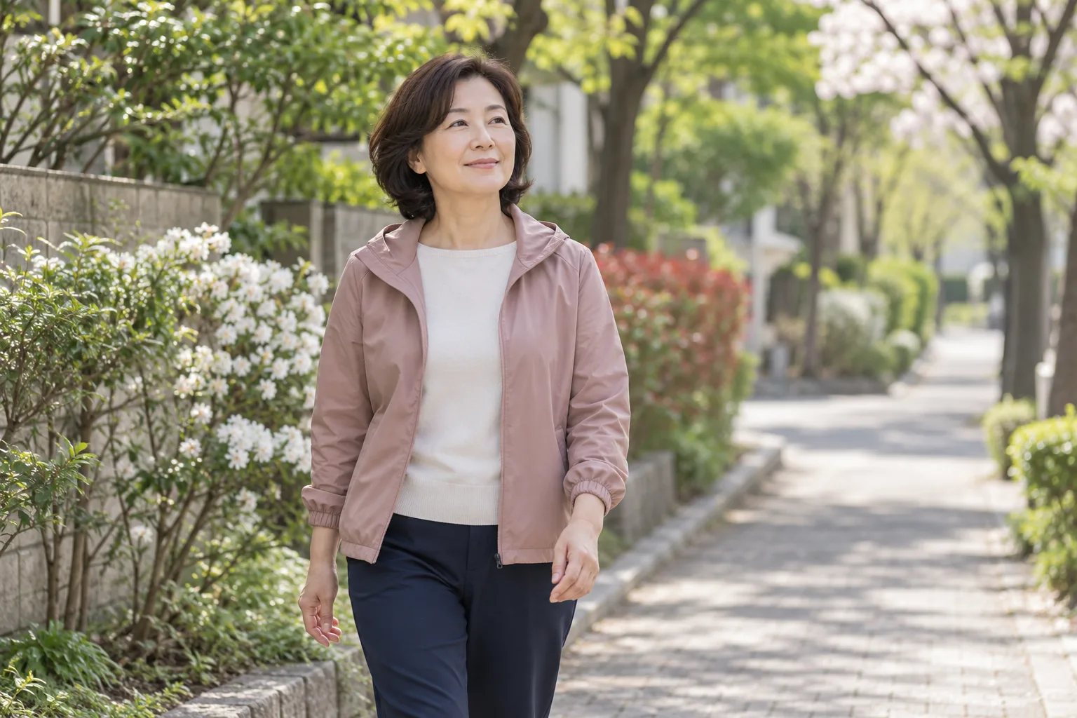 나무가 있는 보행로를 편안히 걷는 중년 여성의 가상 일상