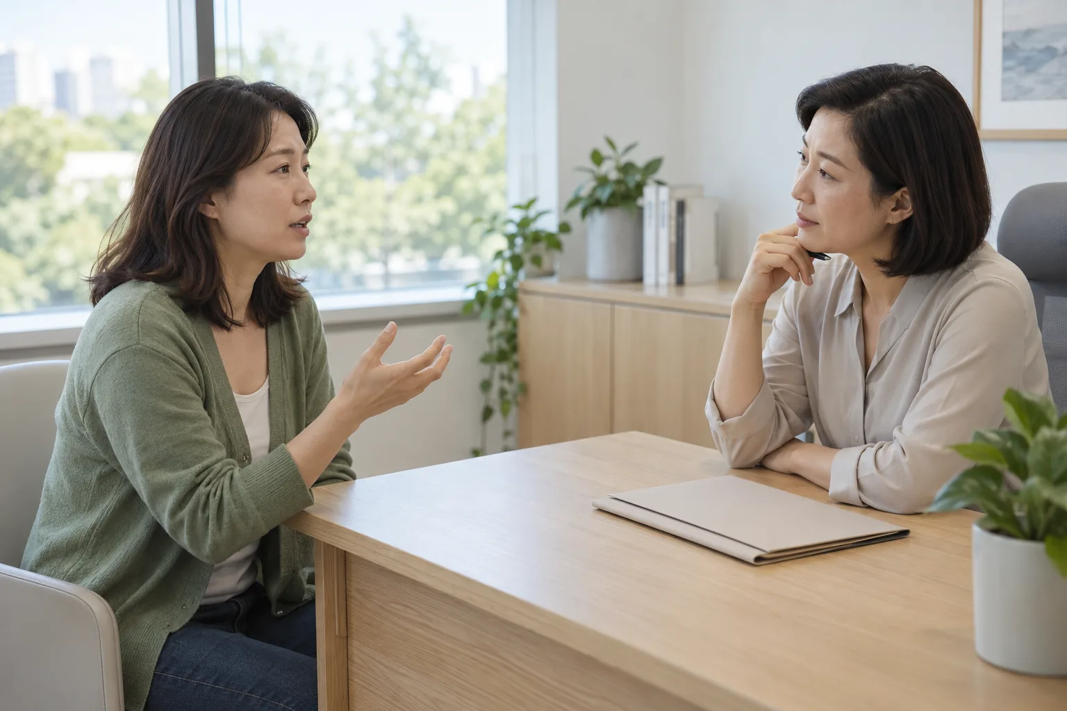 상담실에서 현재 불편을 설명하는 성인 여성과 이야기를 듣는 의료진의 예시