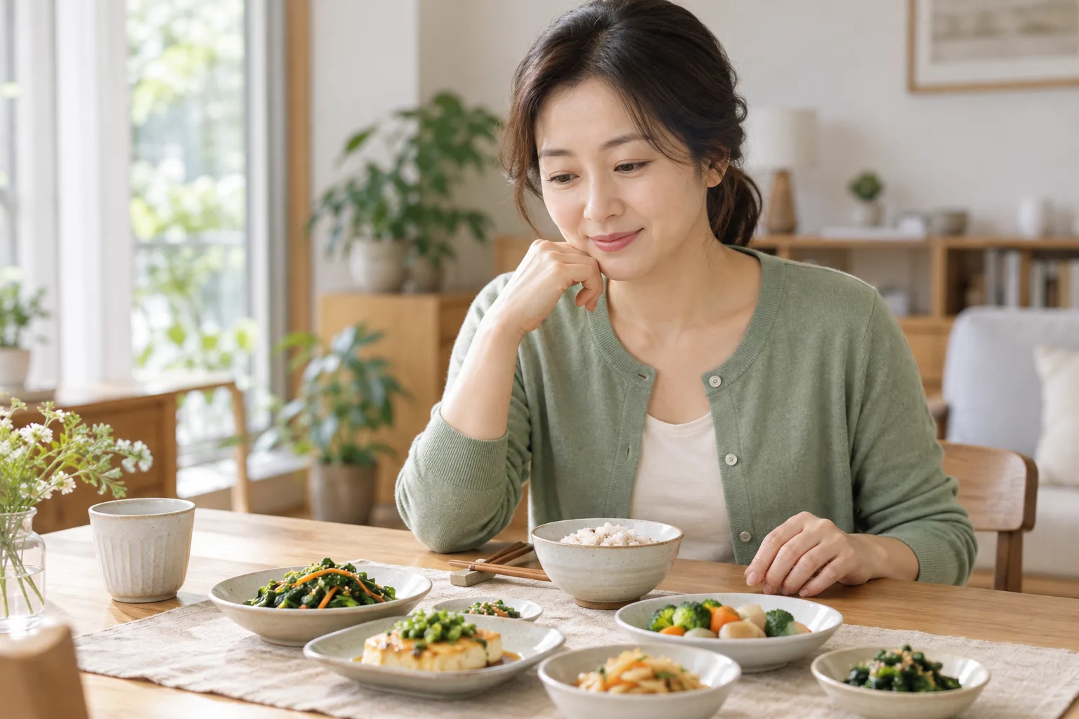 집 식탁에서 밥과 반찬을 바라보며 식사를 잠시 쉬는 중년 여성의 가상 일상
