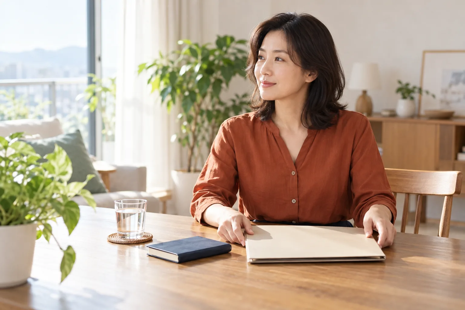 집 책상에서 무지 파일과 닫힌 수첩을 두고 상담을 준비하는 중년 여성의 가상 일상