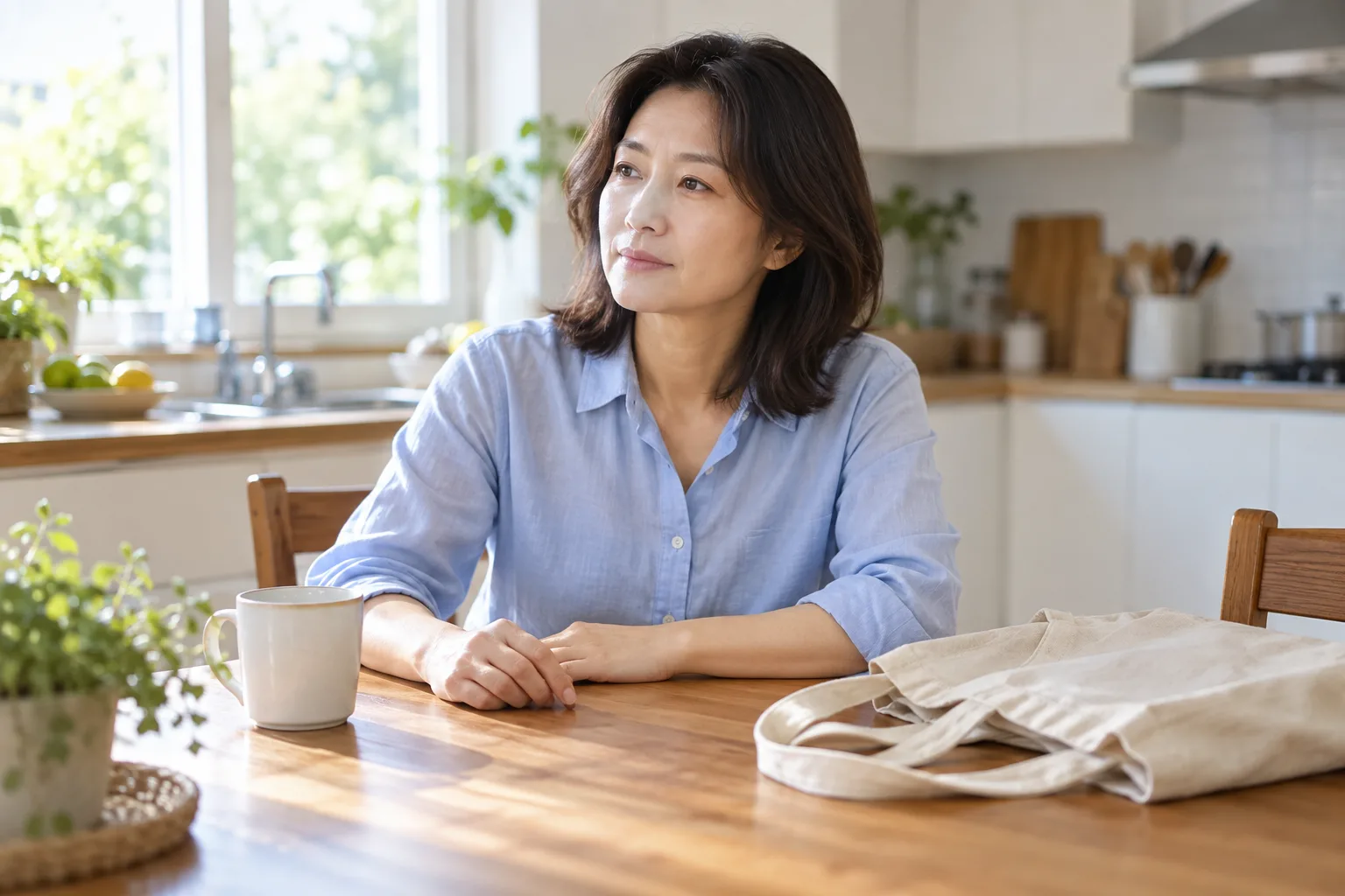 이미 내려놓은 천가방과 머그잔을 곁에 두고 부엌탁자에서 쉬는 중년 여성의 가상 일상