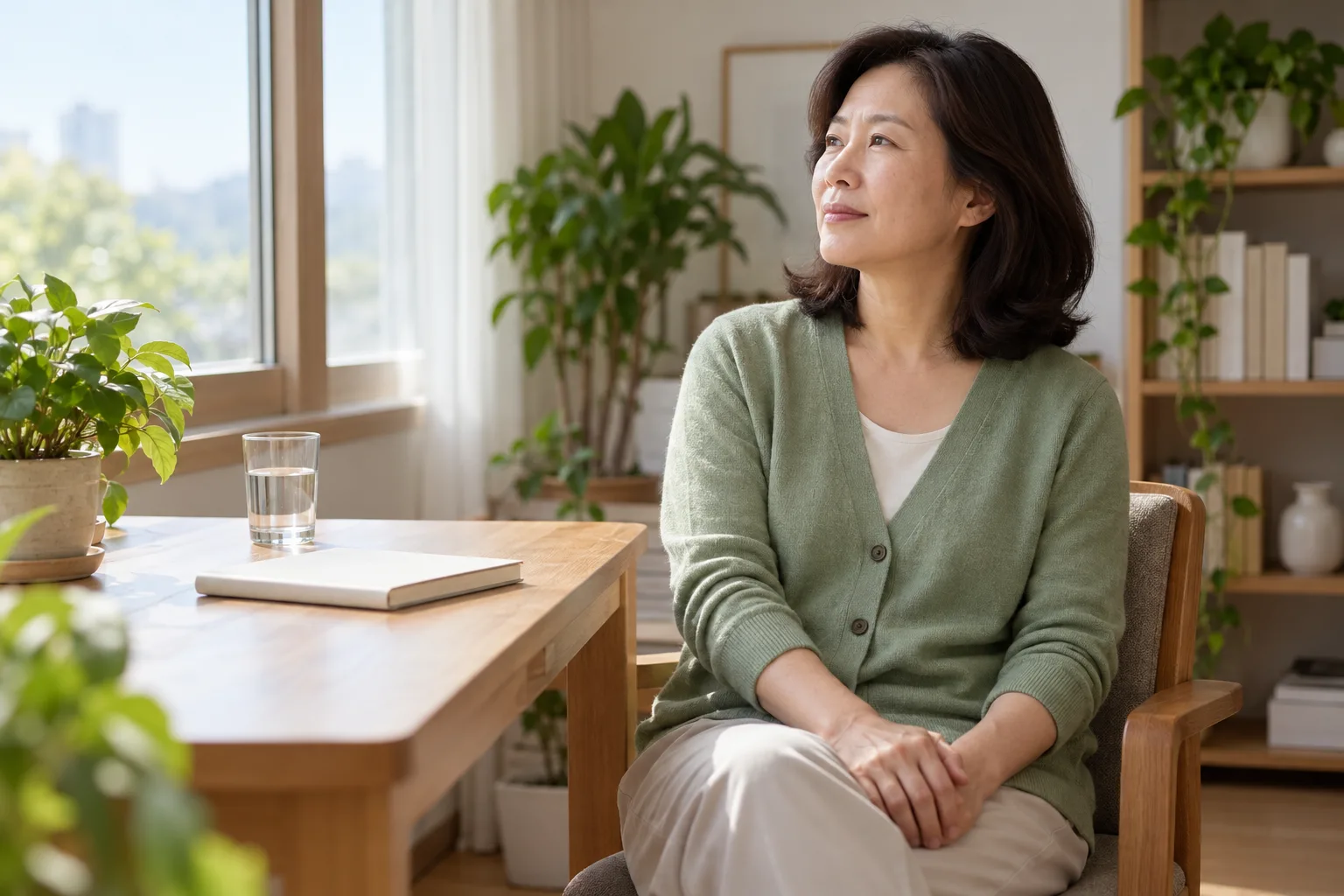닫힌 무지 수첩을 곁에 두고 창가 의자에서 양손을 무릎에 놓은 중년 여성의 가상 일상