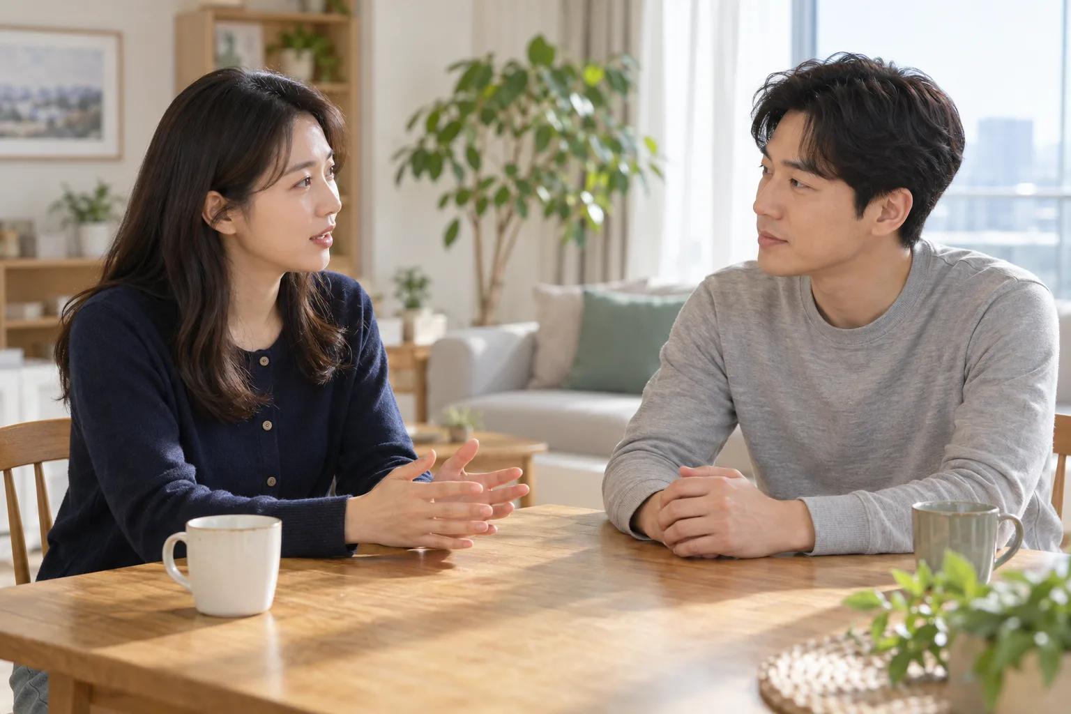 탁자에서 편안히 대화하는 가상의 성인 두 사람