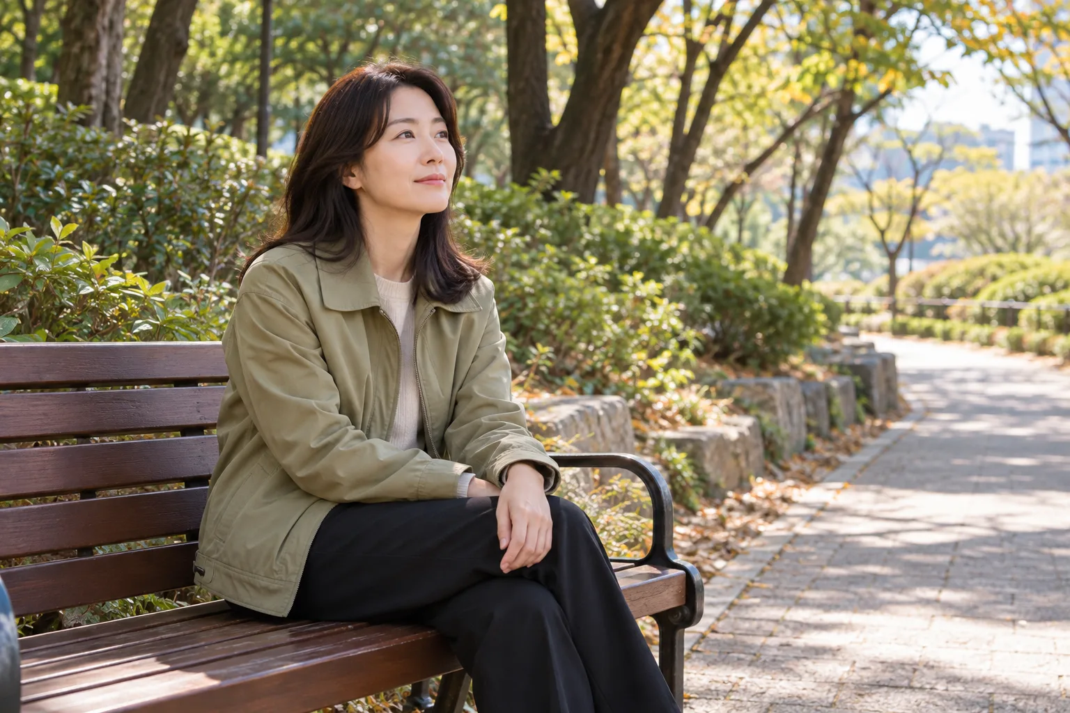 공원 벤치에서 잠시 쉬는 가상의 성인 여성