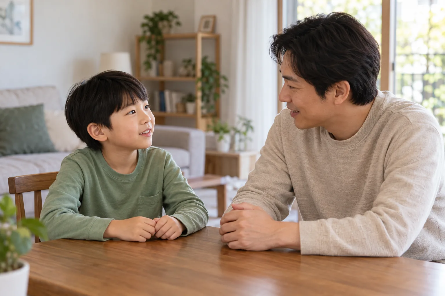 거실에서 남성 보호자와 편하게 대화하는 초등학생 남아의 가상 일상