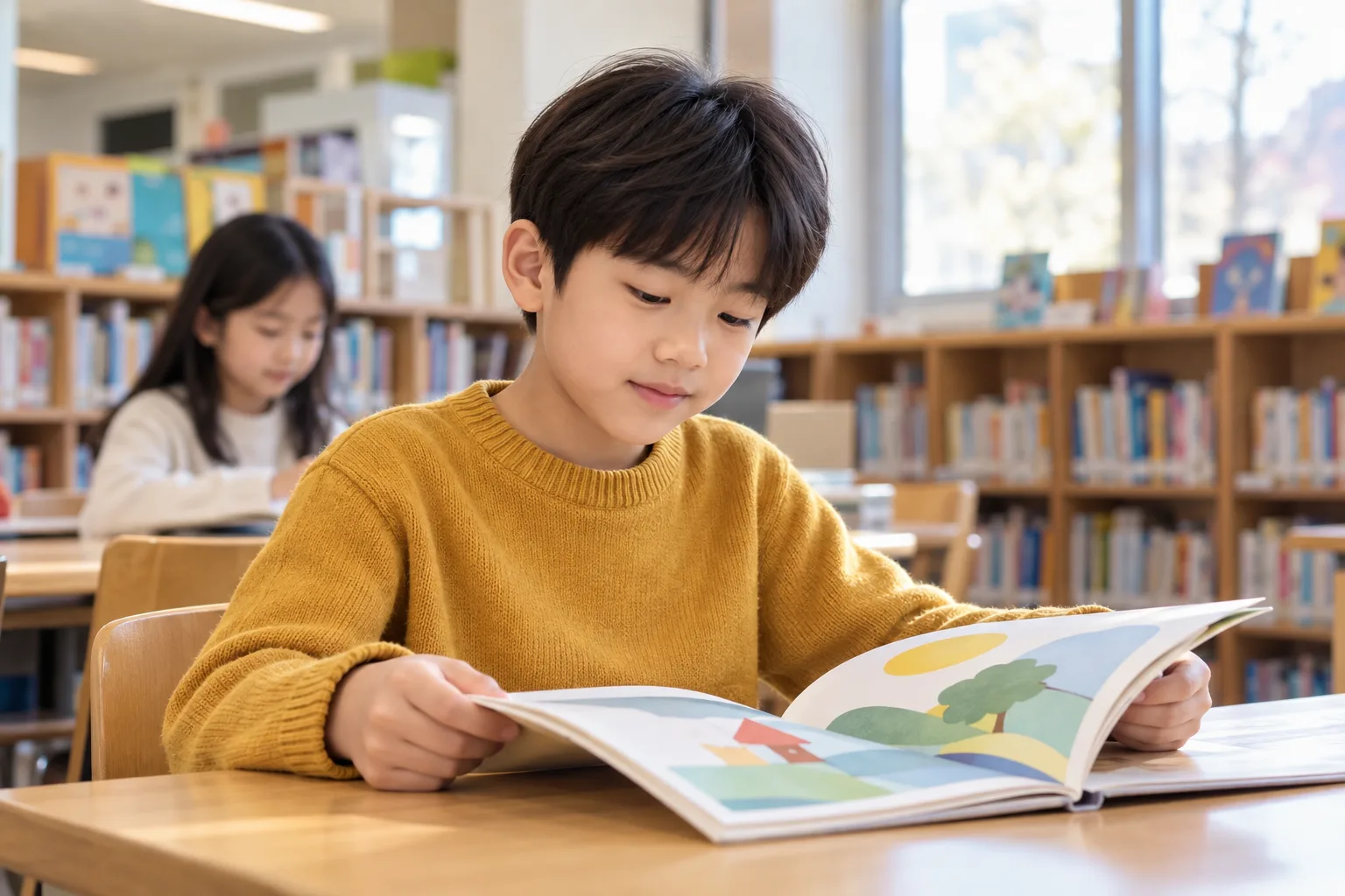 학교 도서실에서 글자 없는 그림책을 보는 초등학생 남아의 가상 일상