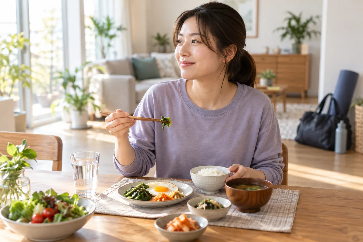 운동 가방을 곁에 두고 식탁에서 밥과 반찬을 먹는 성인 여성