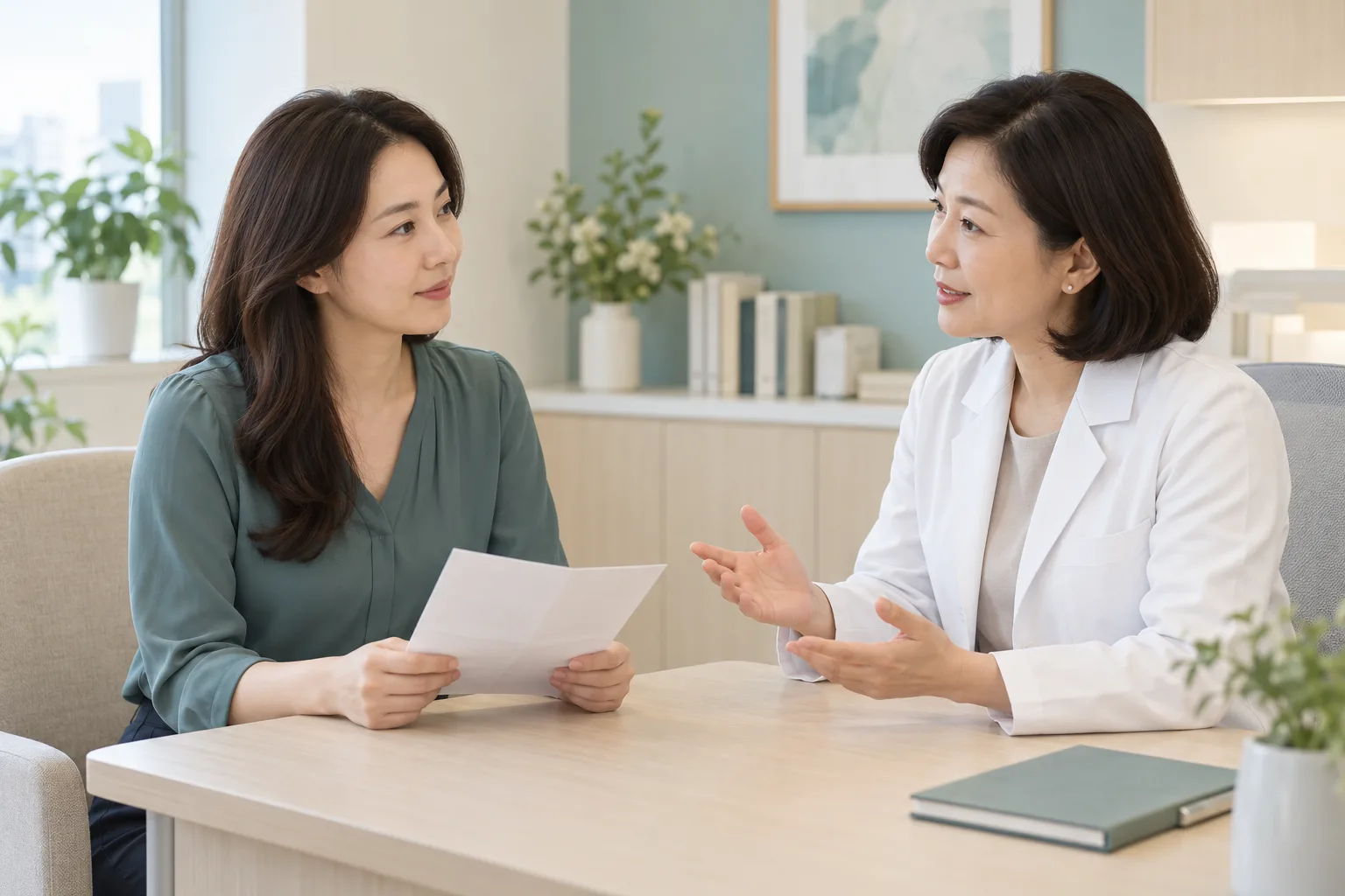 검사 해석에 대해 성인 여성 진료자와 대화하는 성인 여성의 상담 예시