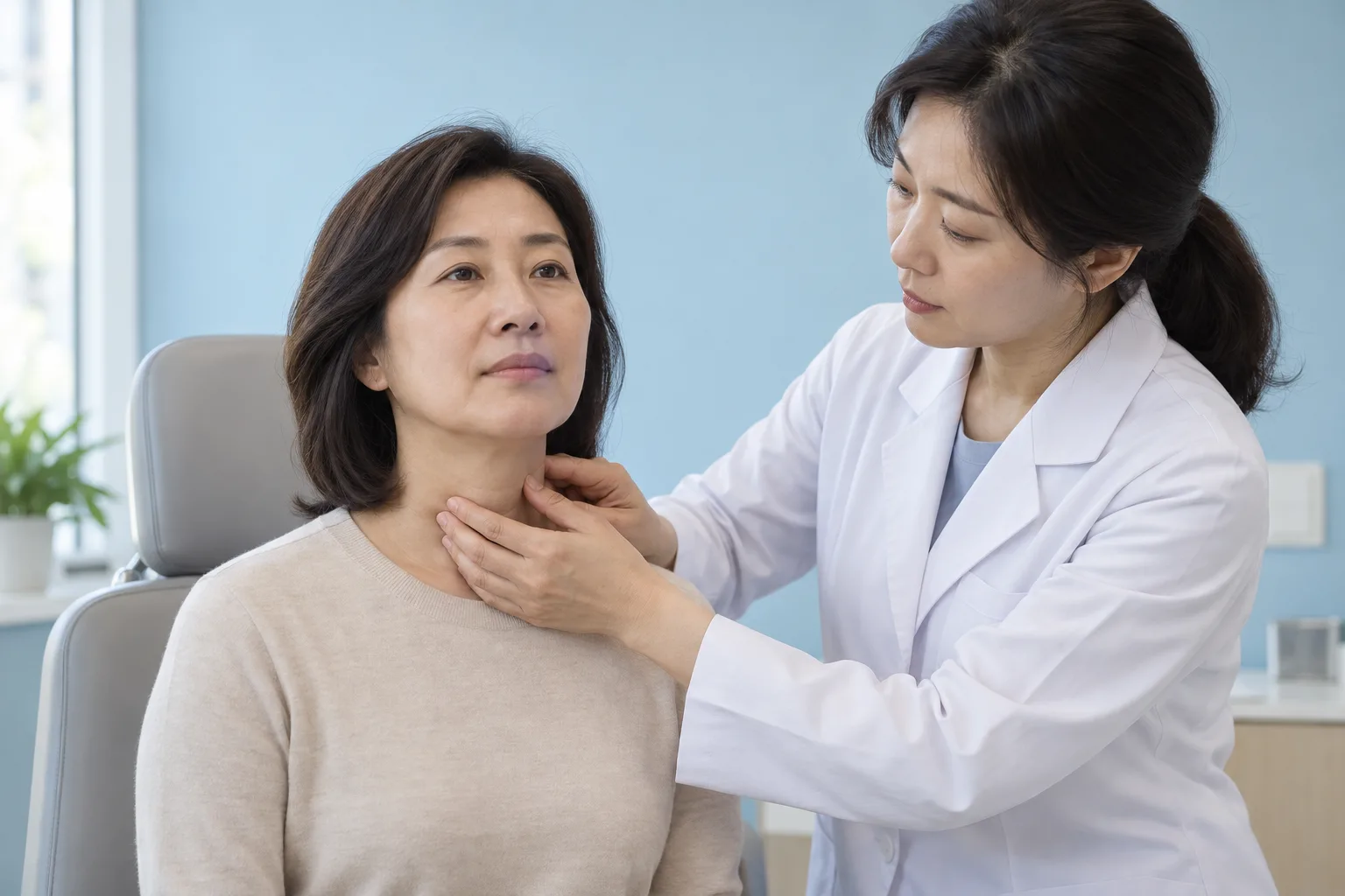 목의 변화를 외부 진찰로 확인하는 중년 여성과 의료진의 가상 장면