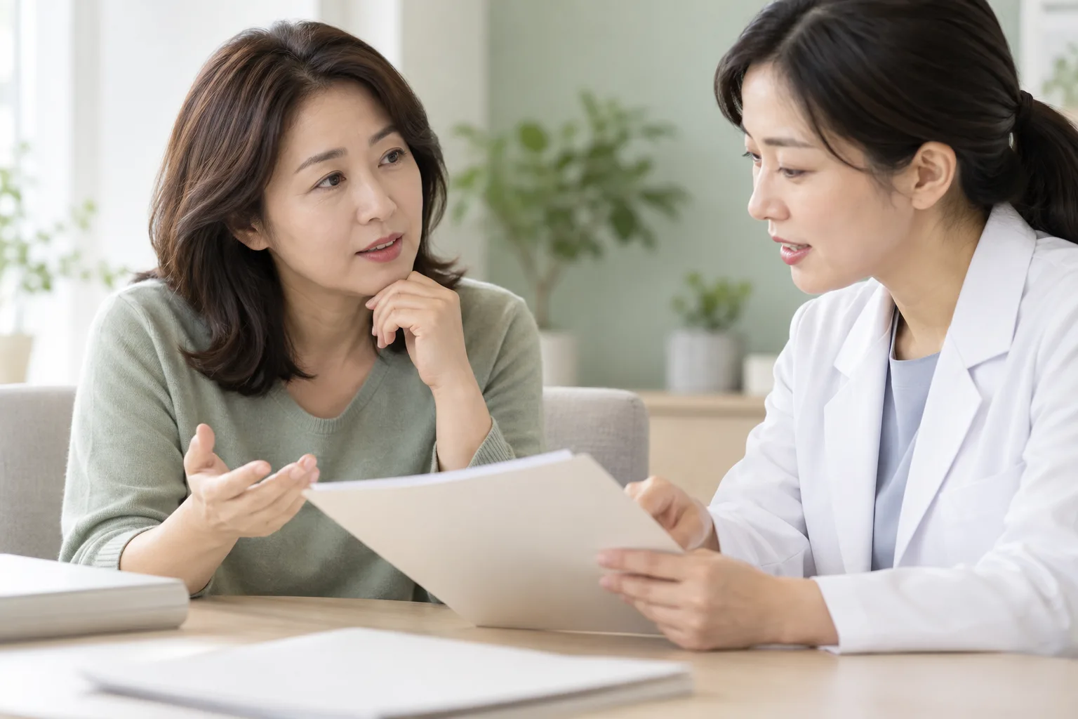 혈색소와 저장 철 검사에 관한 설명을 듣는 성인 여성의 가상 상담 장면