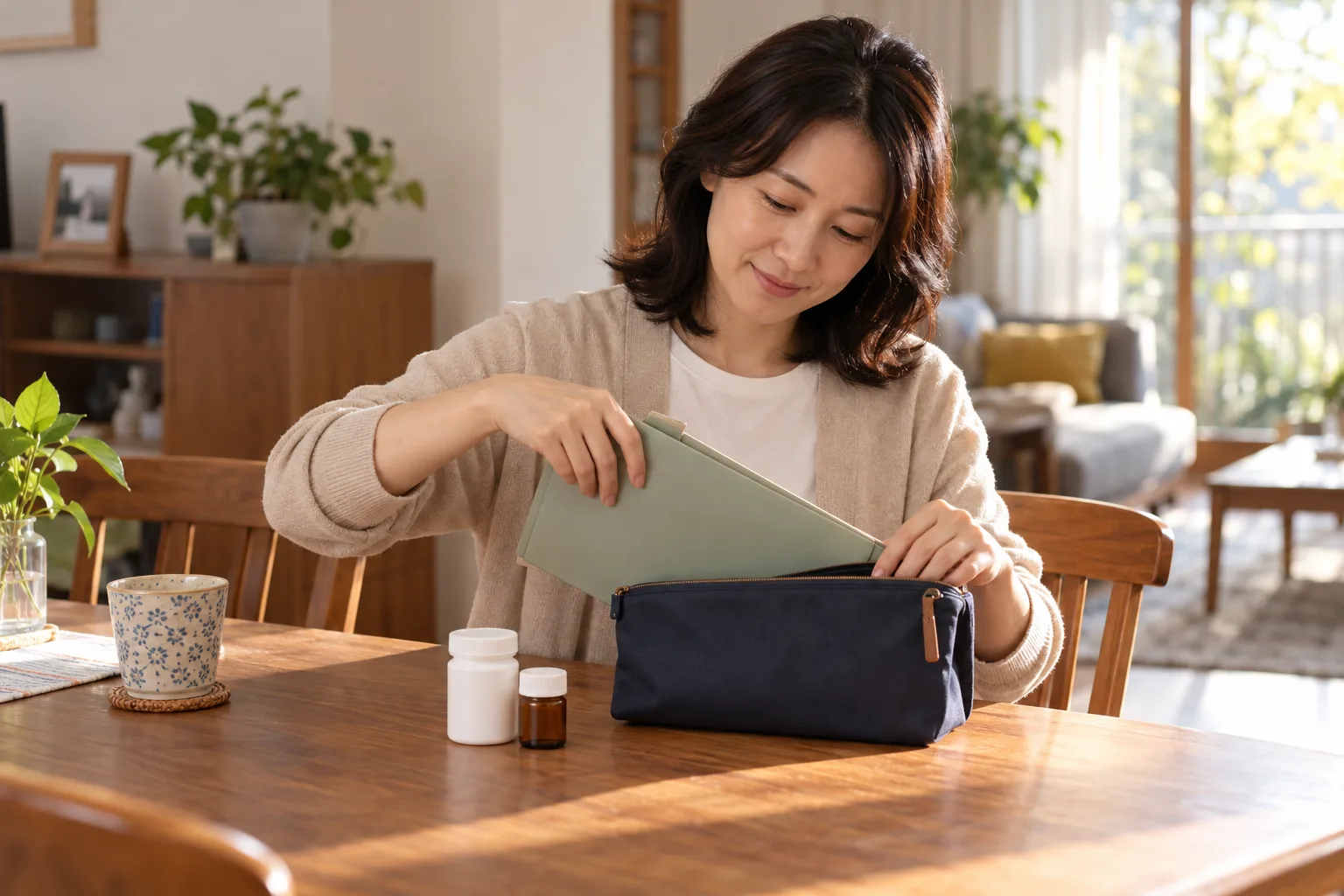 기존 결과와 복용약을 진료에서 이야기하려고 준비하는 여성의 가상 일상 장면