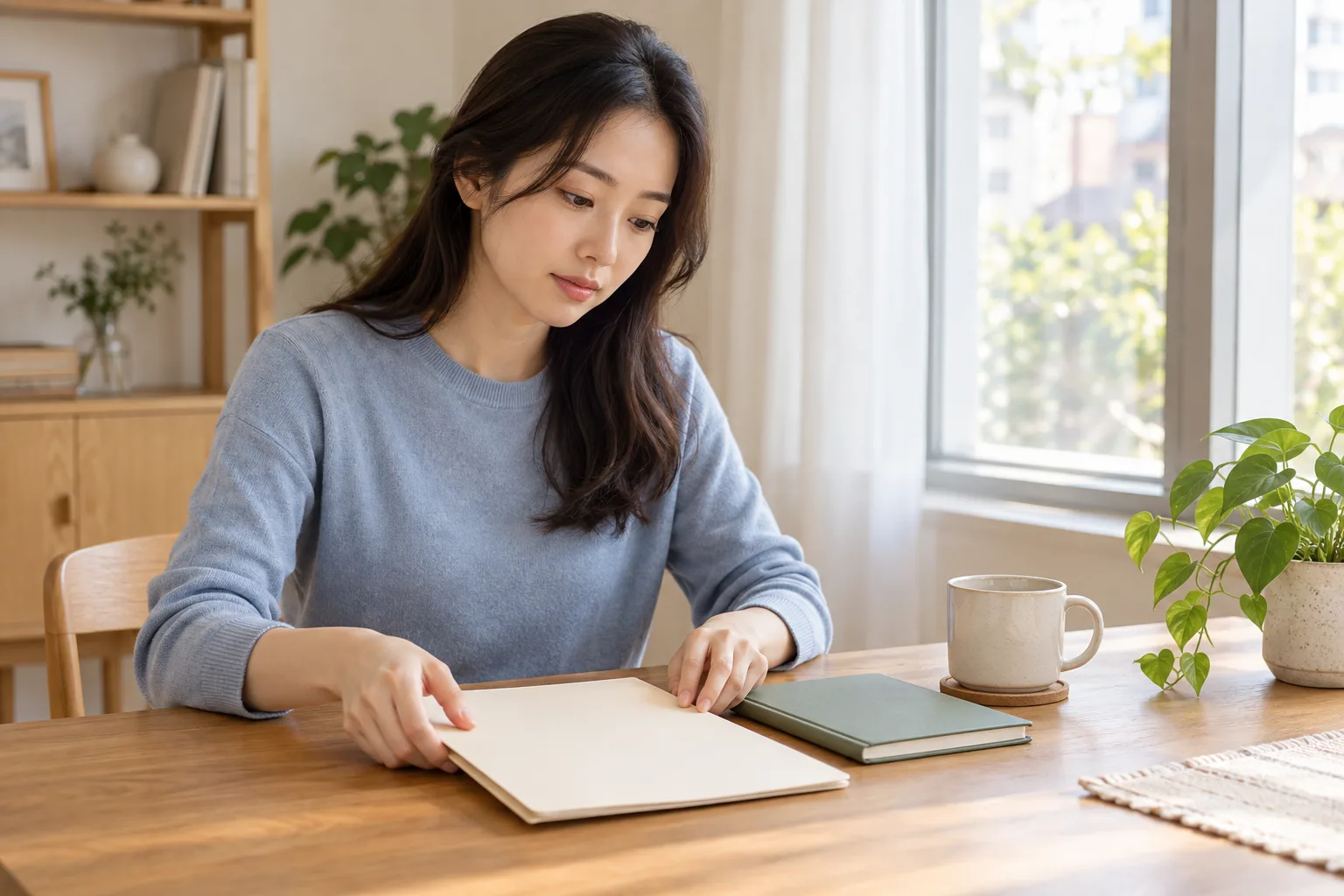 가임기 여성이 집의 창가에서 글자 없는 서류철을 준비하는 AI 생성 가상 일상