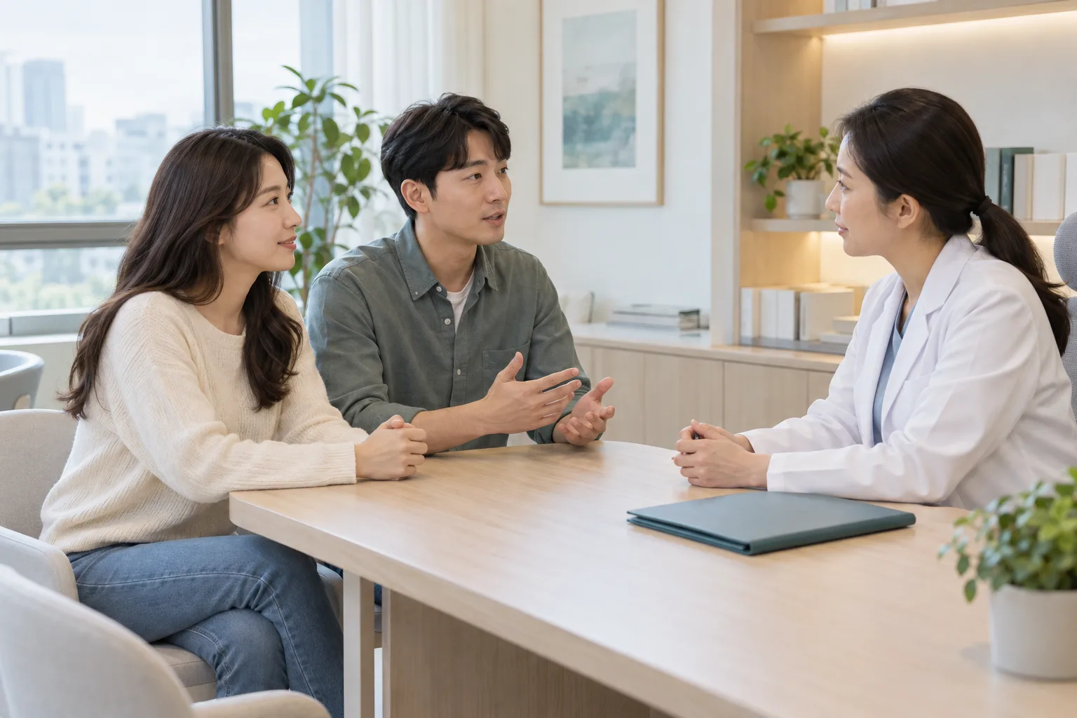 가임기 여성과 남성이 의료인과 함께 평가를 의논하는 AI 생성 가상 상담