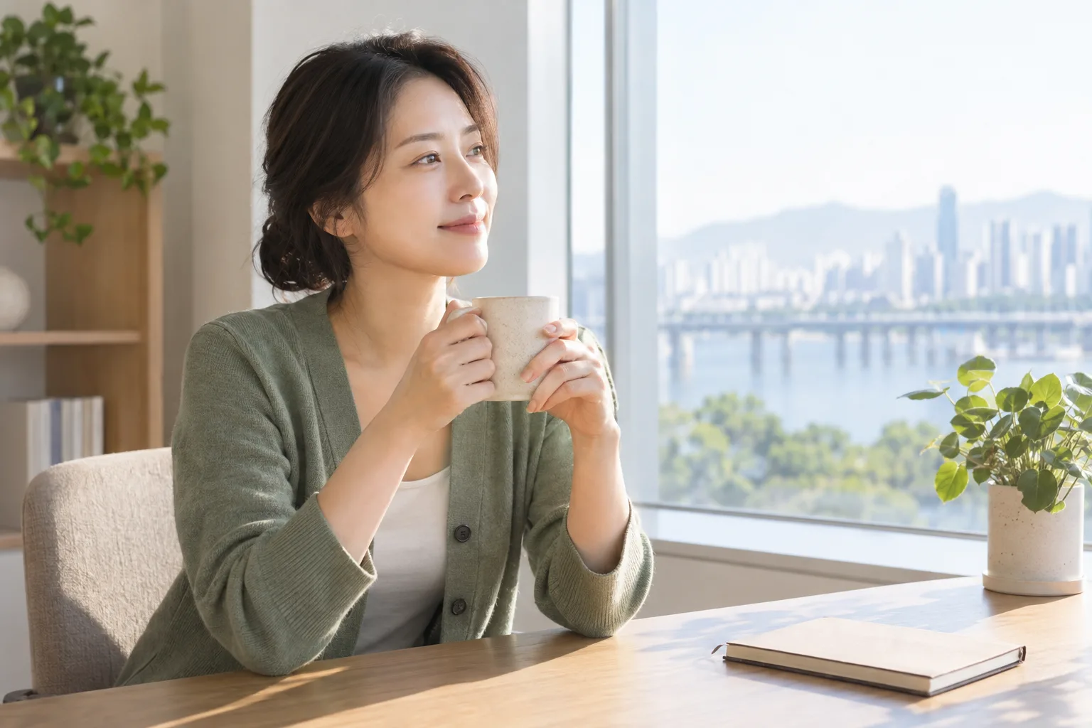 창가 의자에서 컵을 들고 조용히 쉬는 성인 여성의 일상 예시