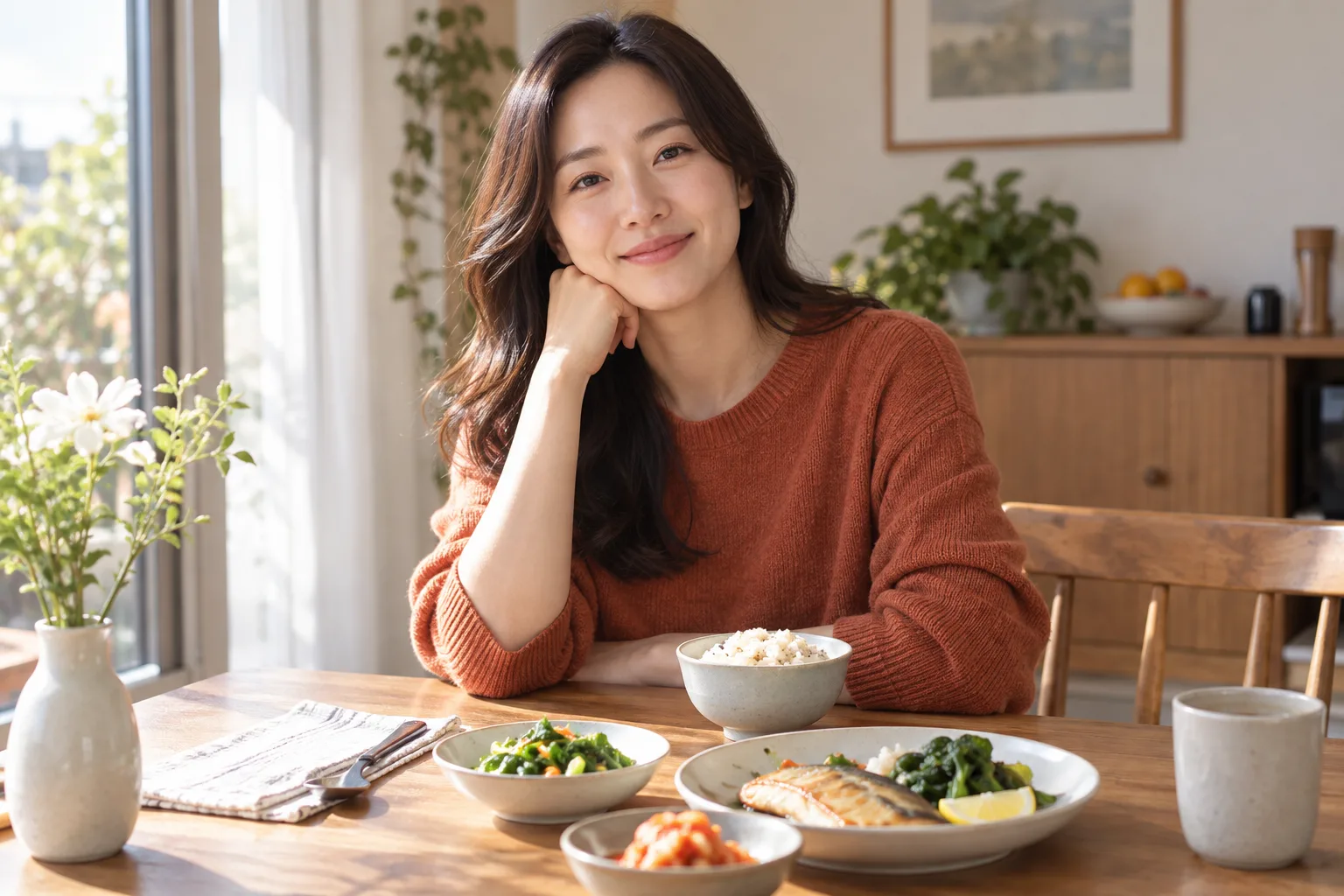 밥과 채소와 생선이 놓인 밝은 식탁에 앉은 성인 여성의 일상 예시