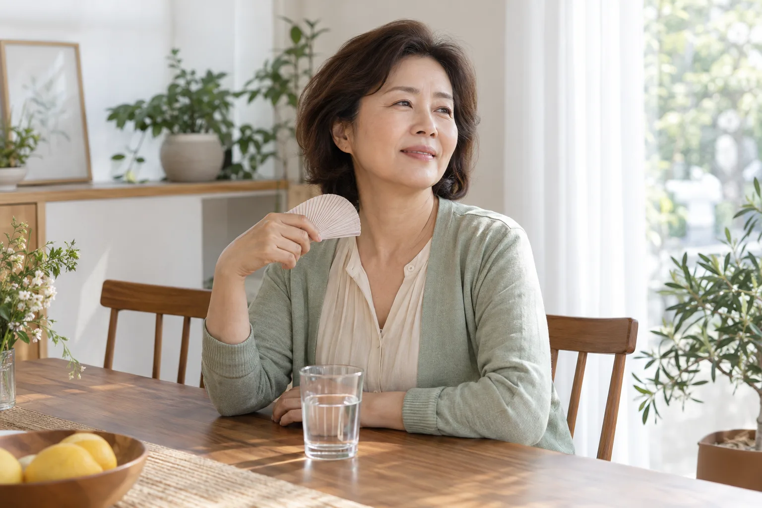 집 식탁에서 작은 부채를 든 중년 여성의 일상 예시