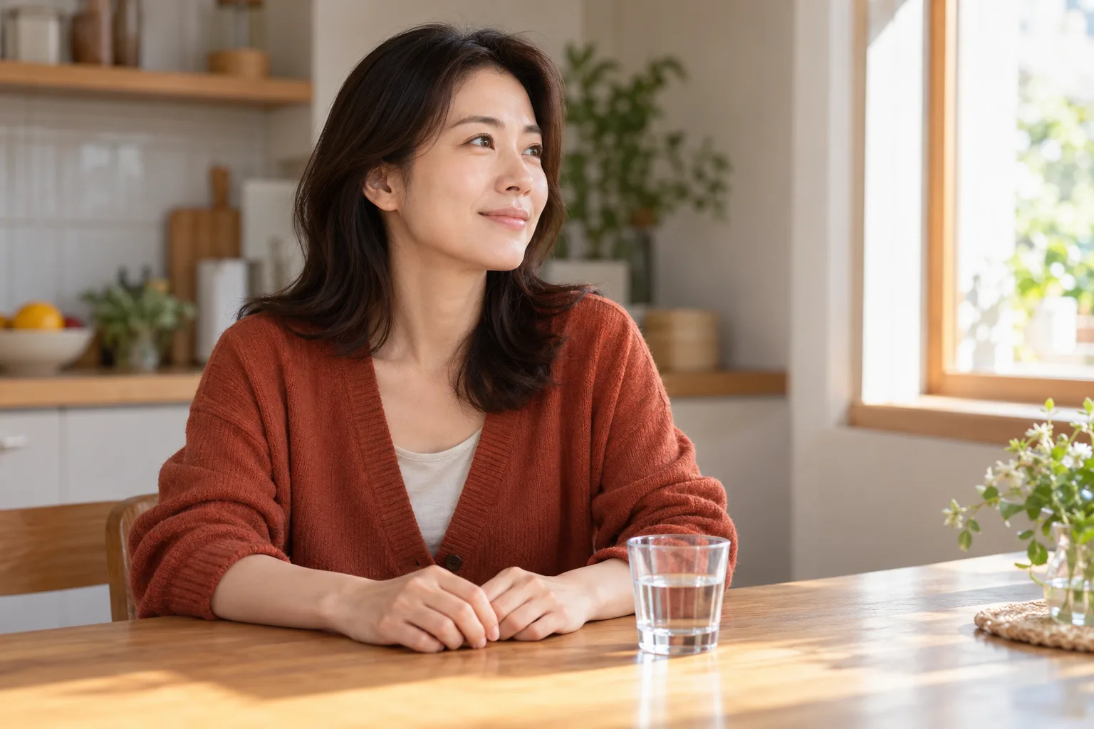 물 잔이 놓인 집 식탁 앞에 앉아 있는 성인 여성의 가상 일상