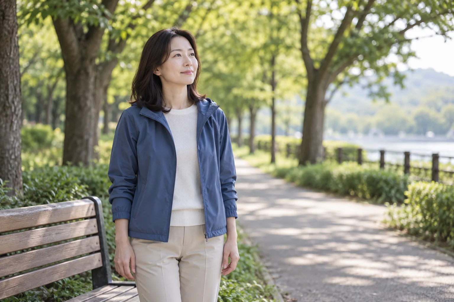 나무가 있는 공원 길에서 벤치 옆에 서 있는 성인 여성의 가상 일상