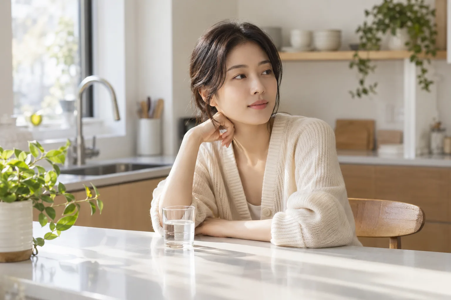 투명 잔 하나가 놓인 주방 카운터에서 쉬는 성인 여성의 일상 예시