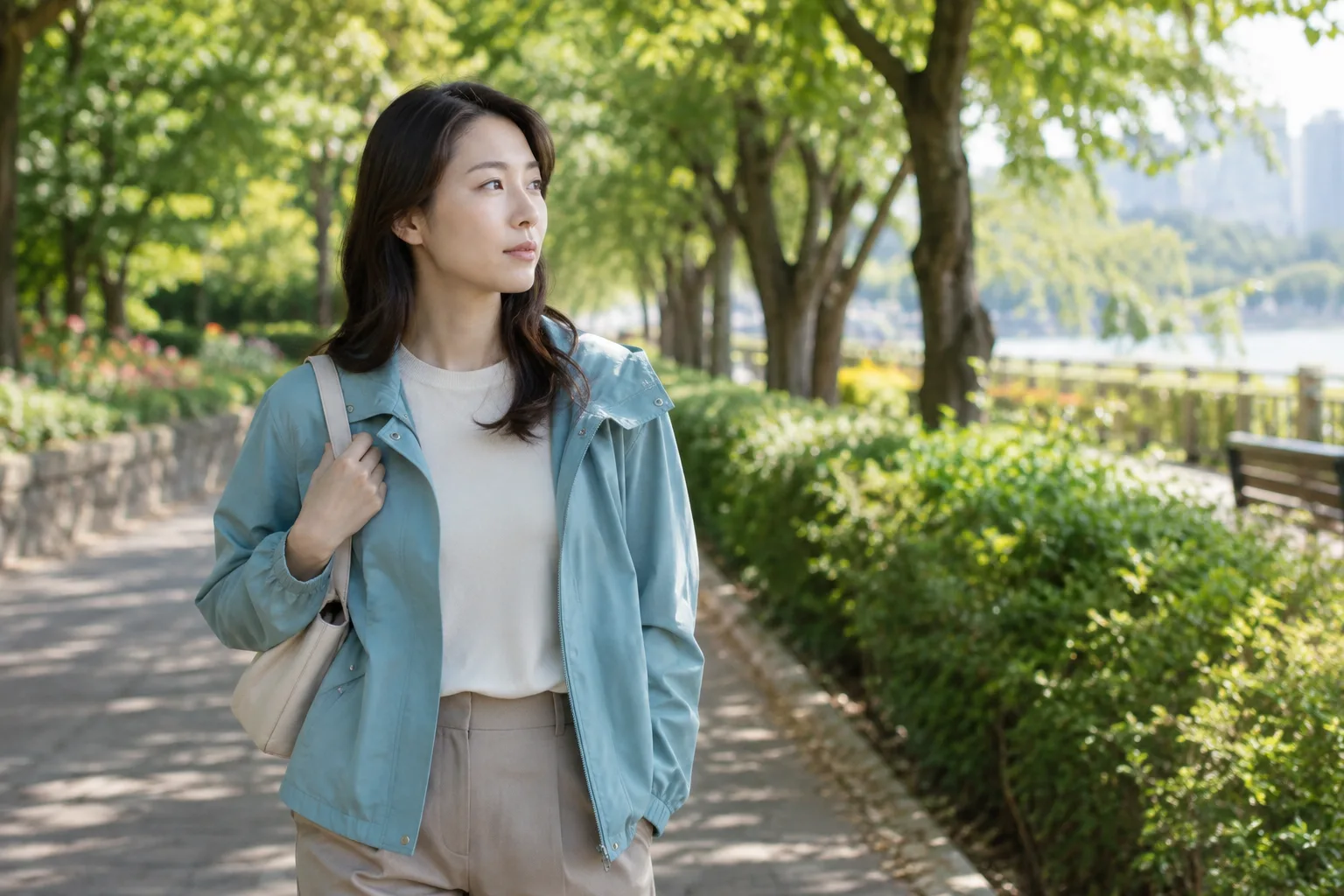 청록색 재킷과 어깨 가방을 착용하고 공원 길에 선 성인 여성의 외출 예시