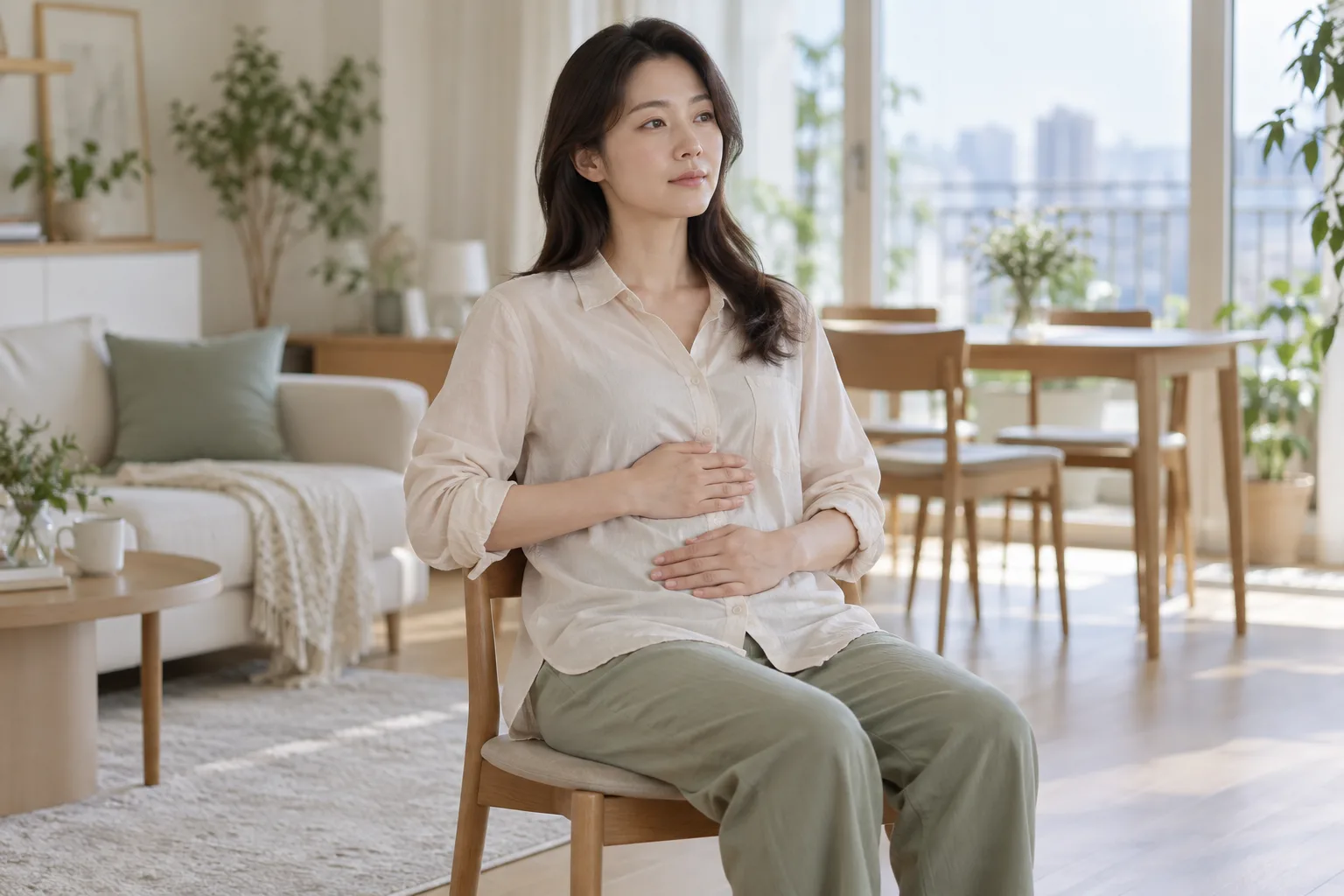 편안한 자세로 앉아 배와 갈비뼈에 손을 얹고 호흡을 살피는 성인 여성