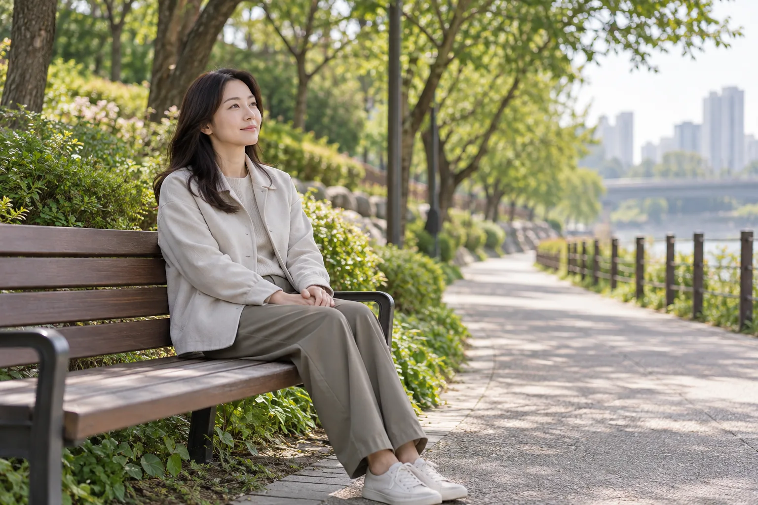 일상 활동을 잠시 멈추고 편한 의자에서 쉬는 성인 여성
