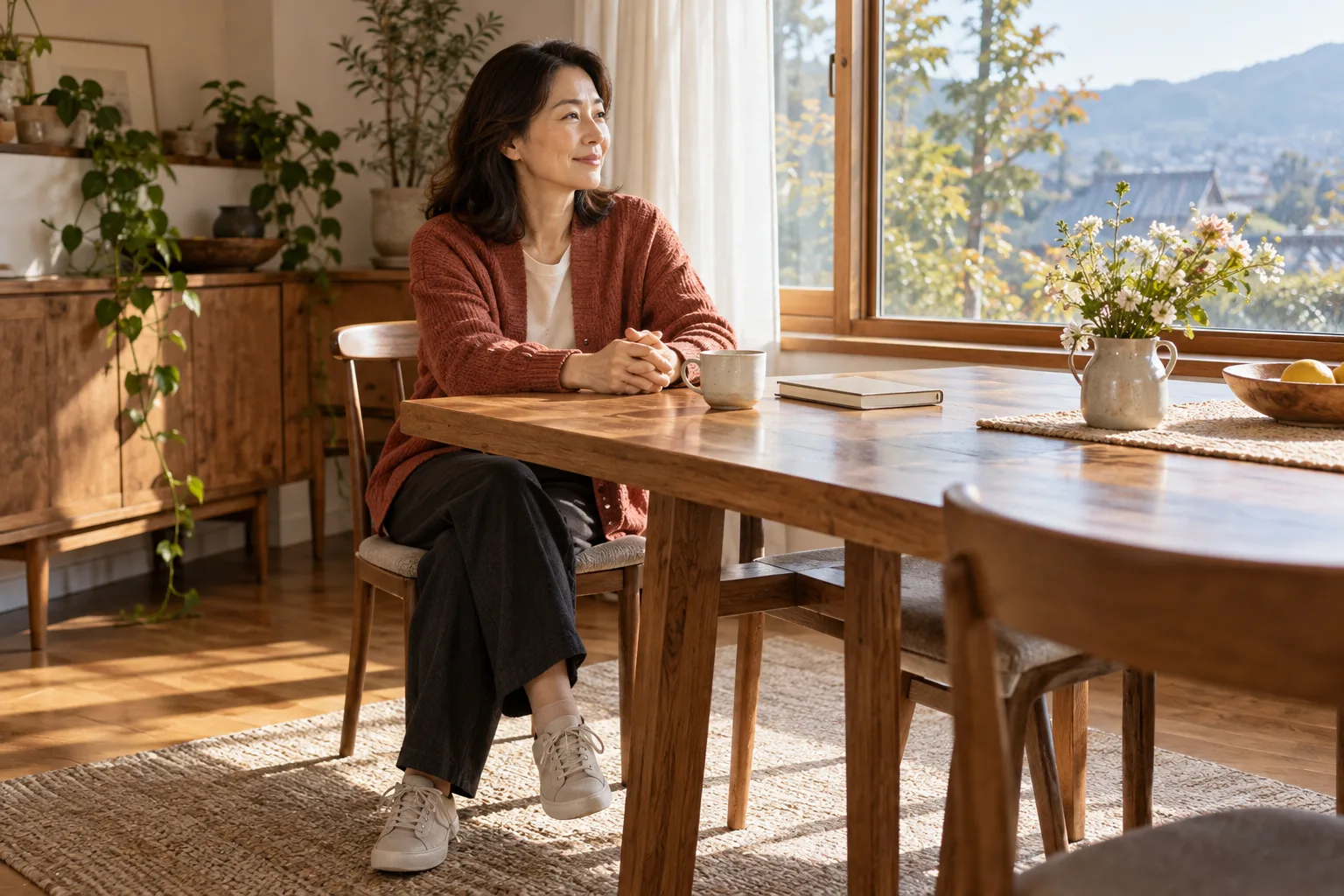 창가 식탁에서 운동화를 신은 채 편하게 쉬는 중년 여성의 가상 일상