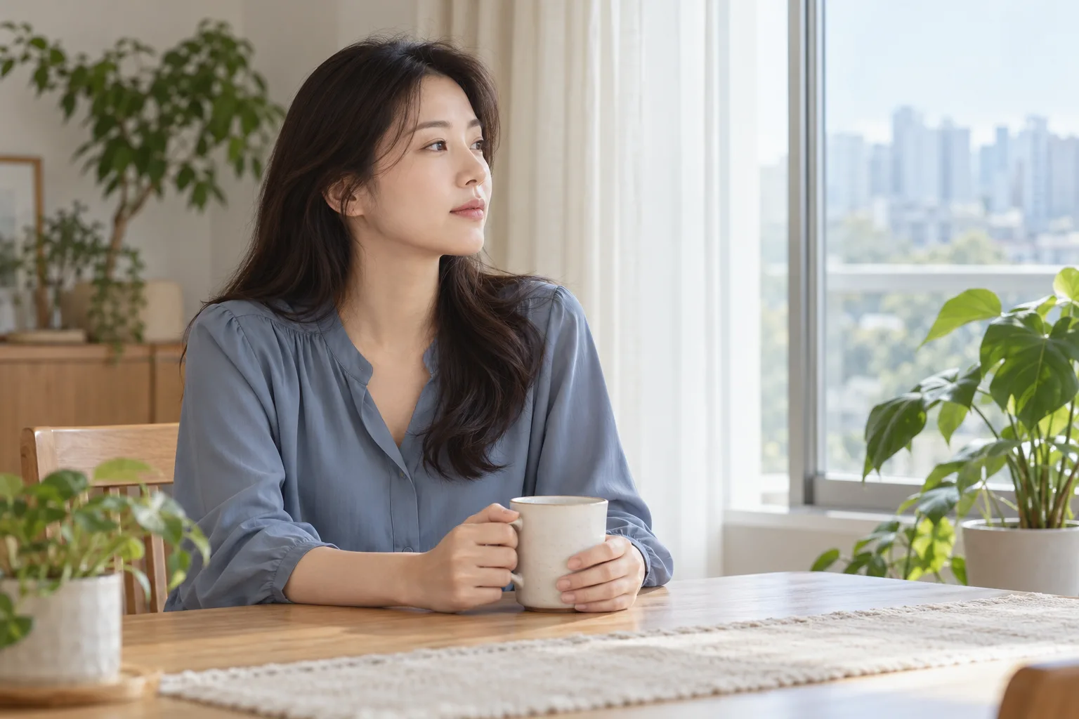 집 창가에서 머그잔을 들고 생각하는 성인 여성의 가상 일상