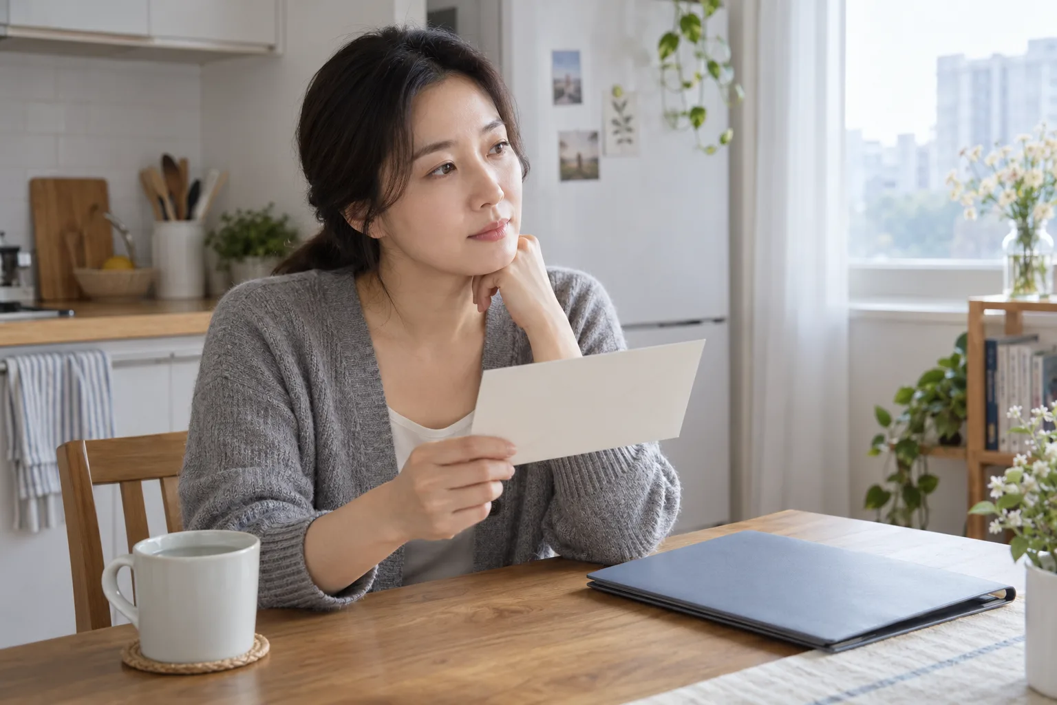 주방 식탁에서 빈 봉투를 들고 후속 문의를 생각하는 성인 여성의 예시