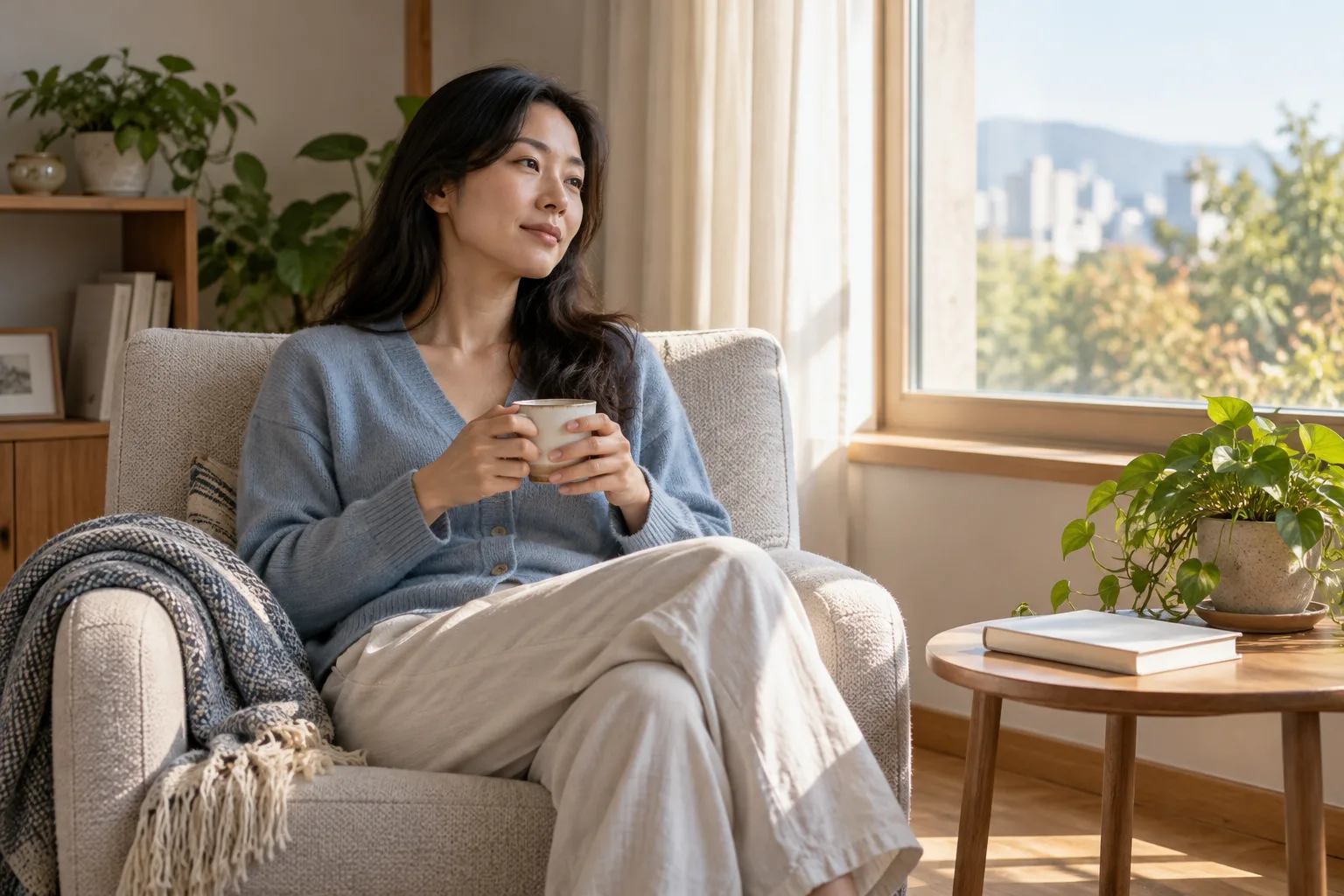 성인 여성이 집 창가 의자에서 차를 앞에 두고 쉬는 AI 생성 가상 일상