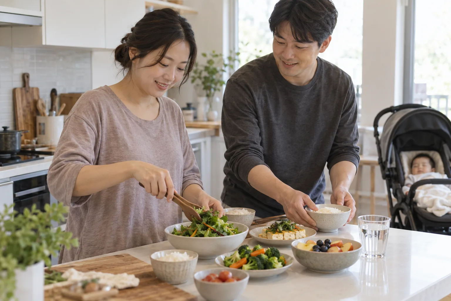 가족과 한 끼를 준비하는 산후 성인 여성의 생활 예시