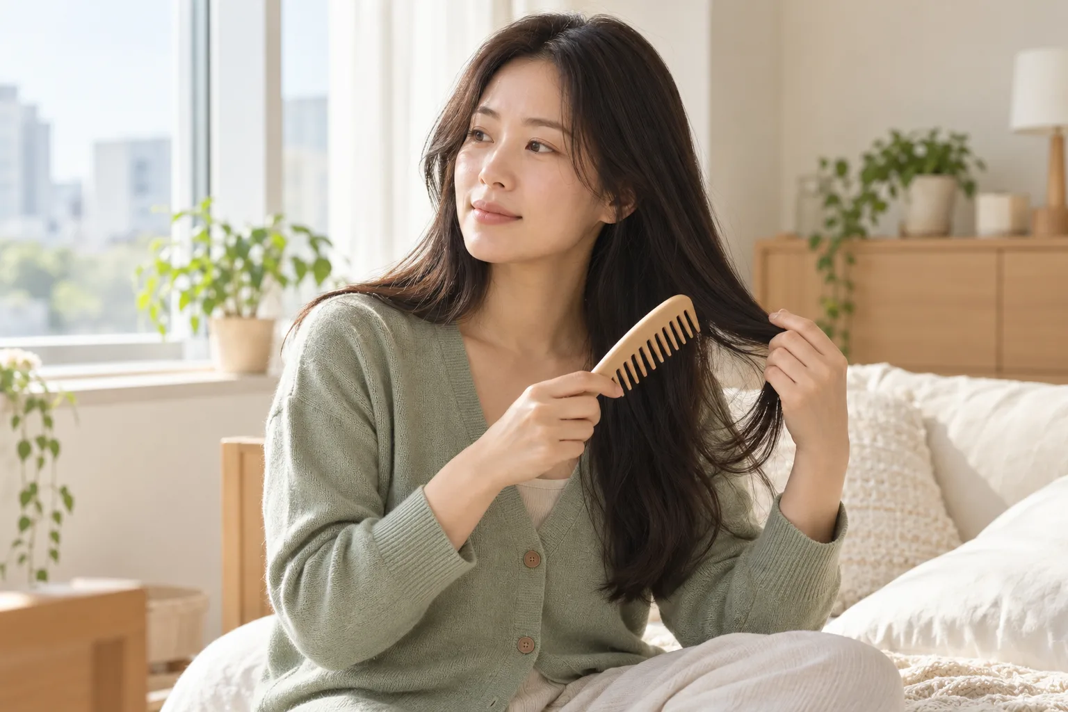 집에서 넓은 빗을 들고 모발을 부드럽게 다루는 성인 여성의 가상 장면