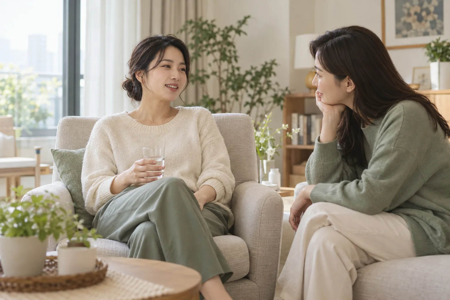 편안한 의자에 앉아 가족과 대화하며 쉬는 성인 여성