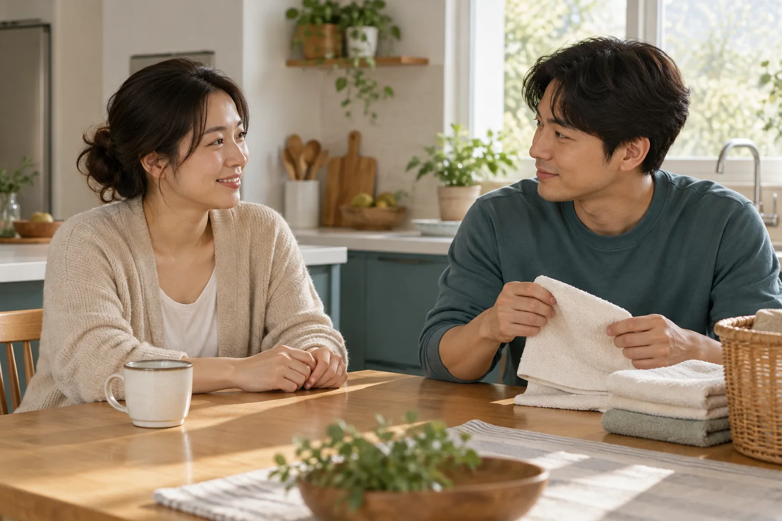 밝은 주방 식탁에서 수건을 개는 가족과 대화하는 성인 여성